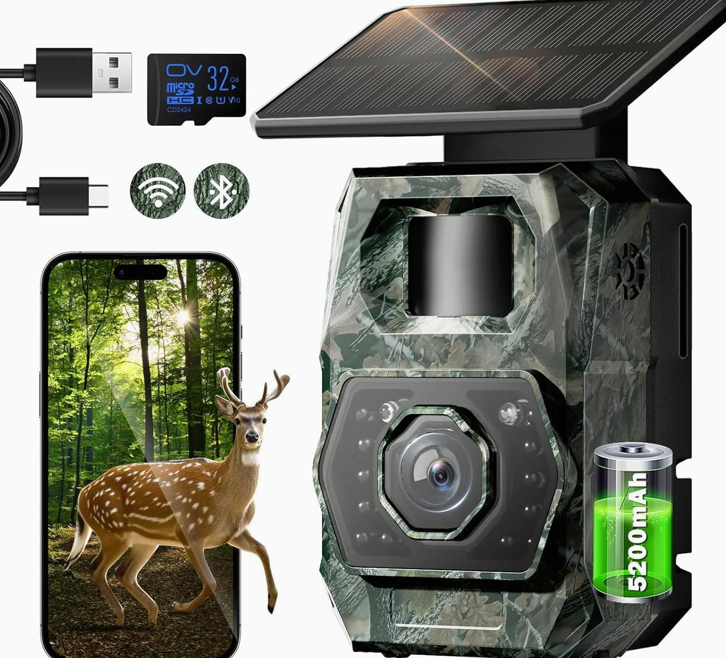 MAXDONE Caméra de Chasse Solaire Wi-FI - 48MP Camera de Chasse Connectée Telephone avec 5200mAh Batterie Rechargeable Camera Infrarouge Vision Nocturne Exterieur Animaux, Etanche IP66