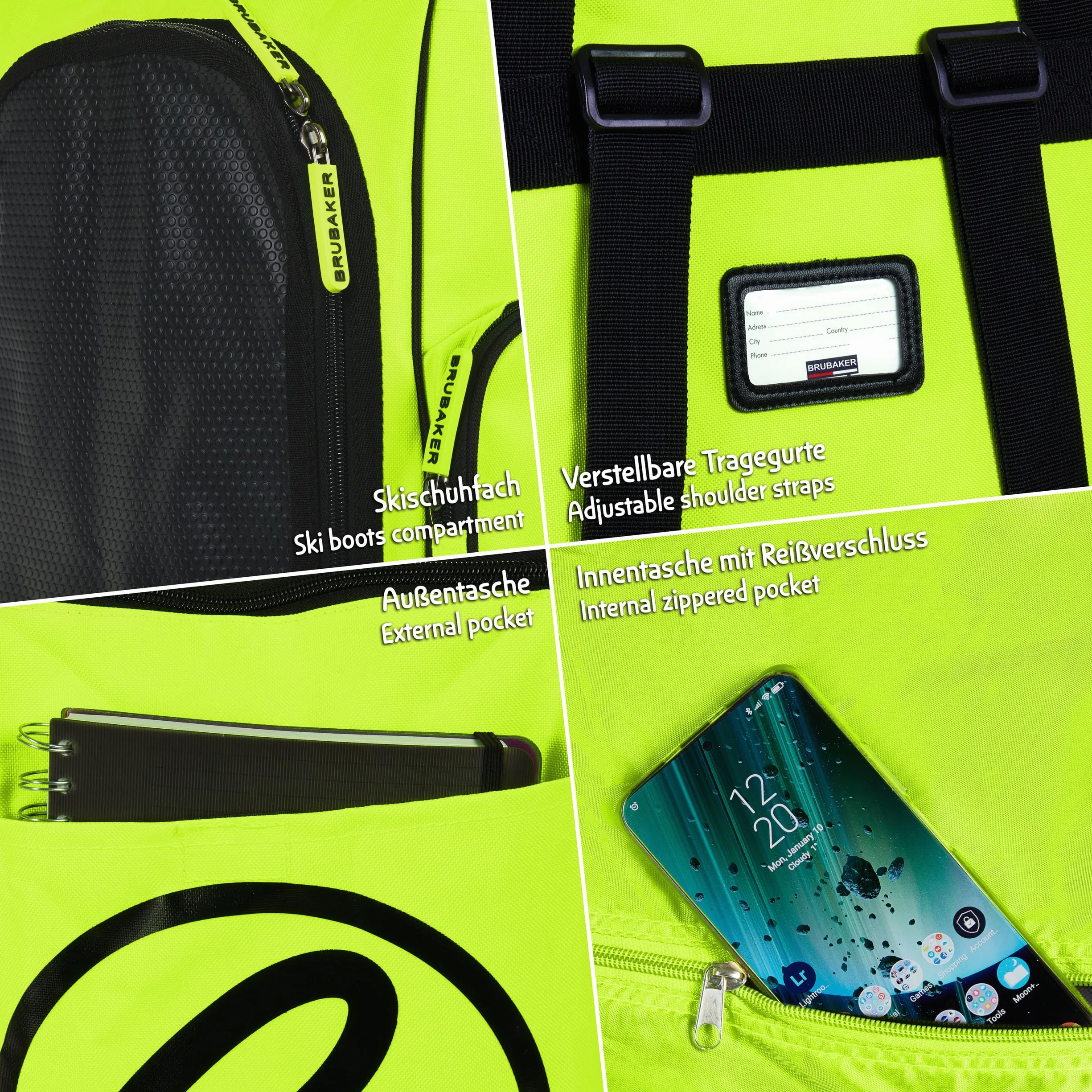 BRUBAKER Set de Ski Carver Champion Housse à Skis Sac à Chaussures de Ski Jaune Fluo Noir