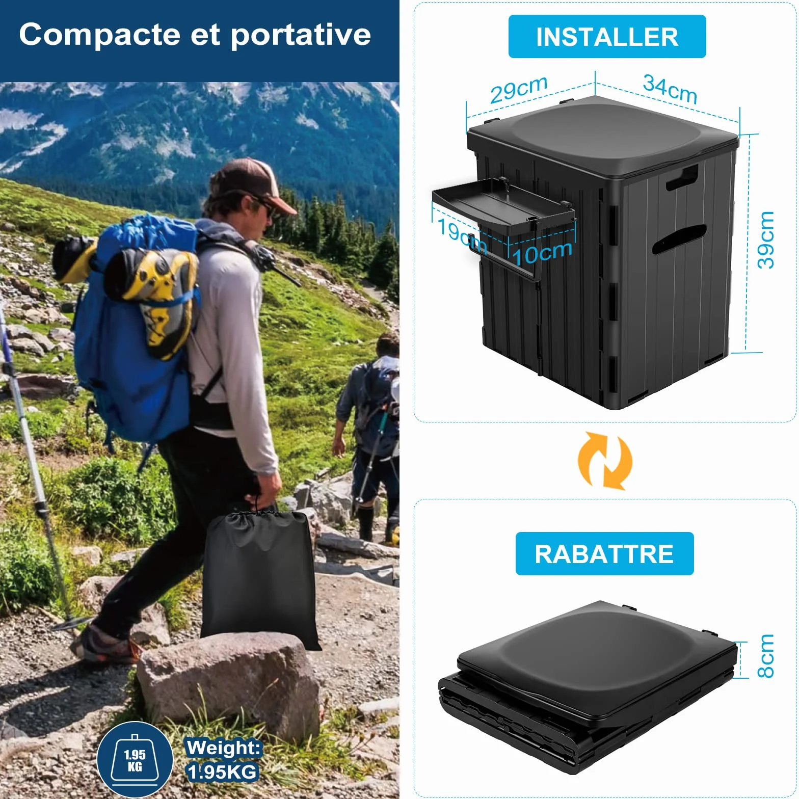 WADEO Toilettes de Camping Portables Pliables pour Adultes avec Urinateur Noir