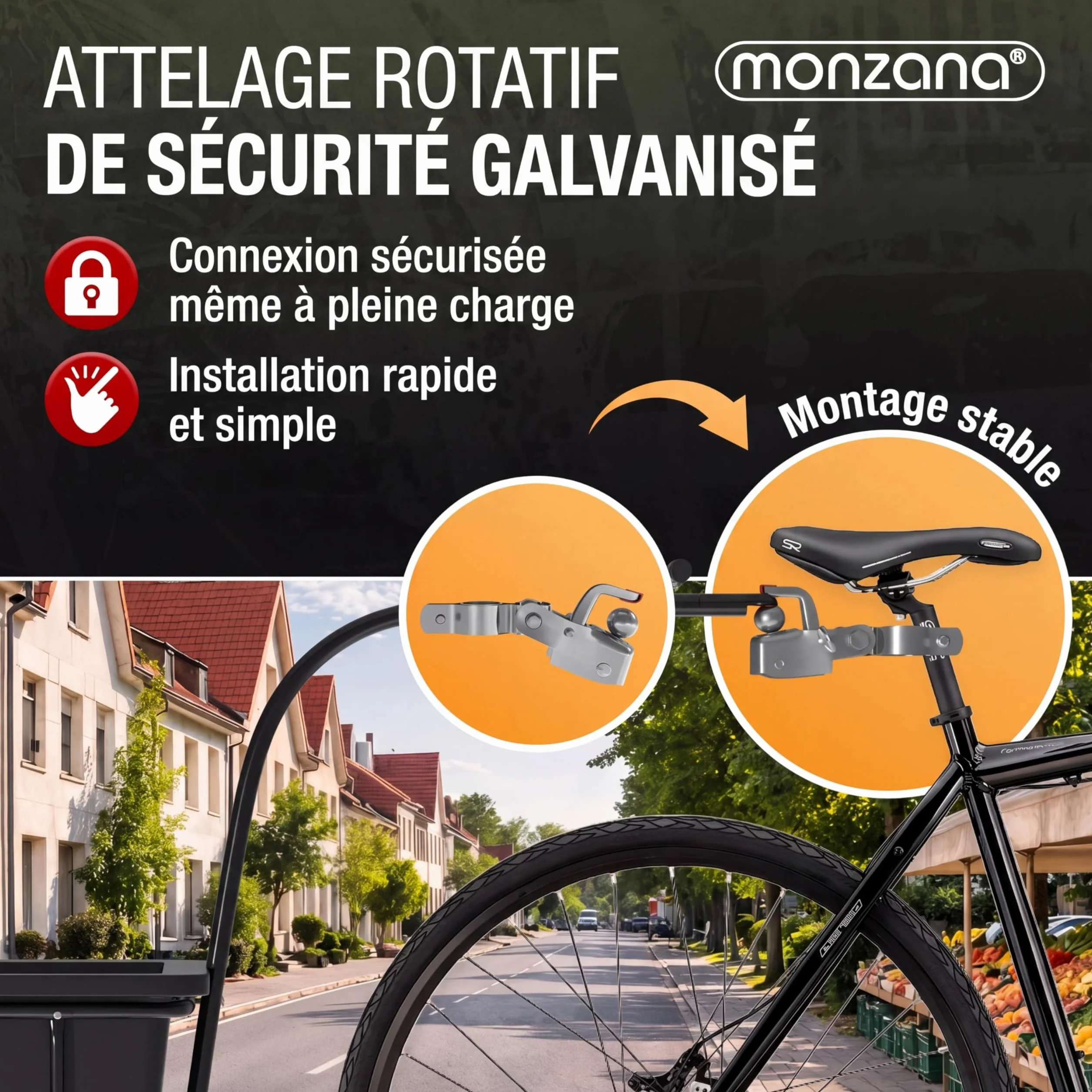MONZANA Remorque Vélo Cuve 90L Amovible Bâche Barre Attelage Rotatif Réflecteurs Transport Chariot 80kg