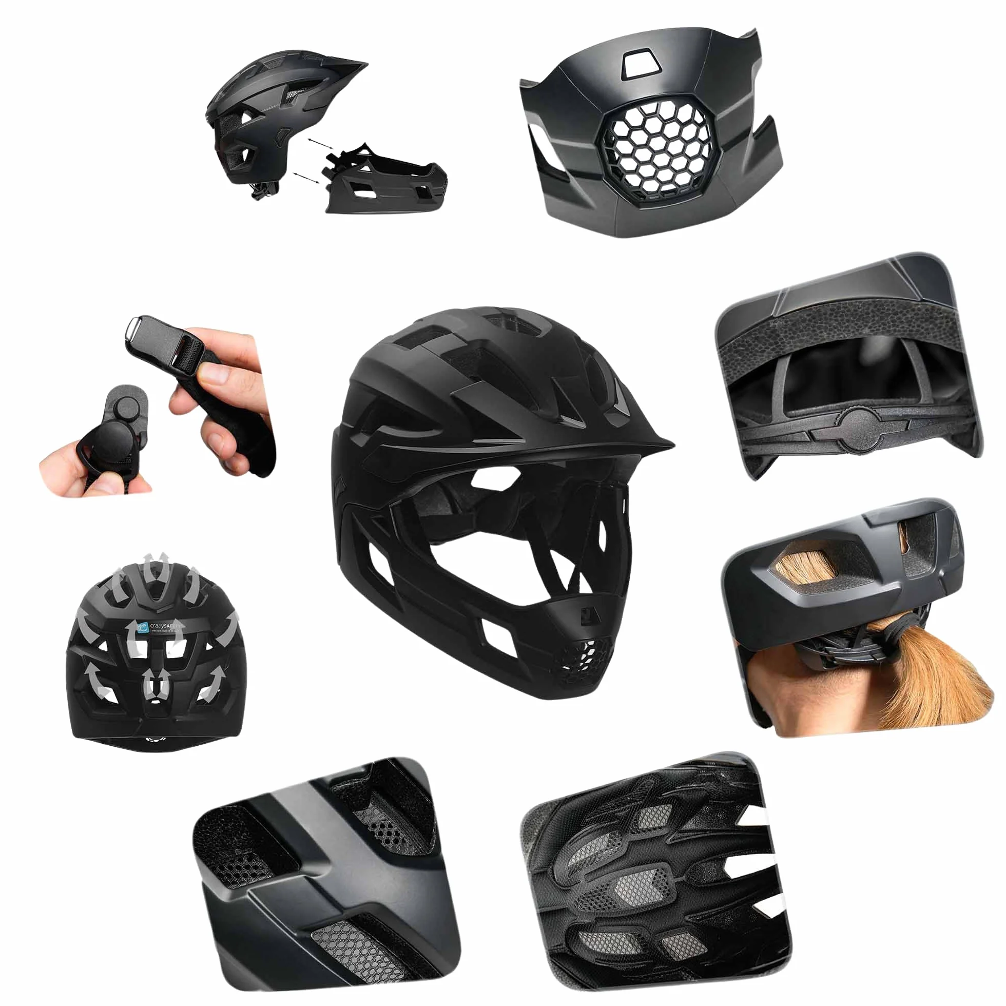 Crazy Safety Casque Vélo Intégral Noir Taille M 54-57 cm 2-en-1 avec mentonnière Amovible pour VTT BMX Skateboard