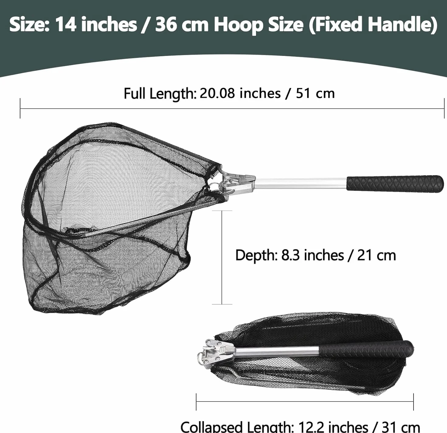 Filet de pêche pliable noir 51 cm - Épuisette pour adultes et enfants, atterrissage pour saumon et poisson-chat