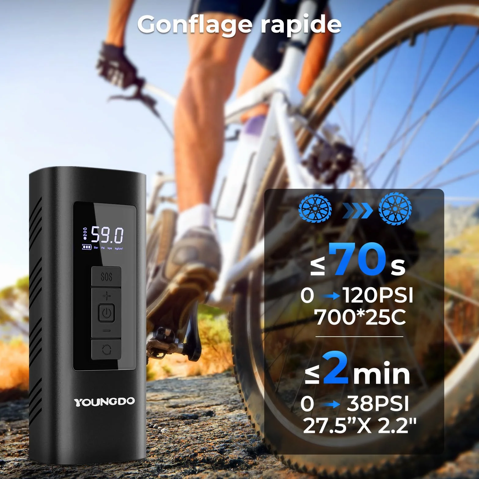 Pompe à Vélo Électrique 150PSI YOUNGDO Compresseur à Air Portatif 6000mAh