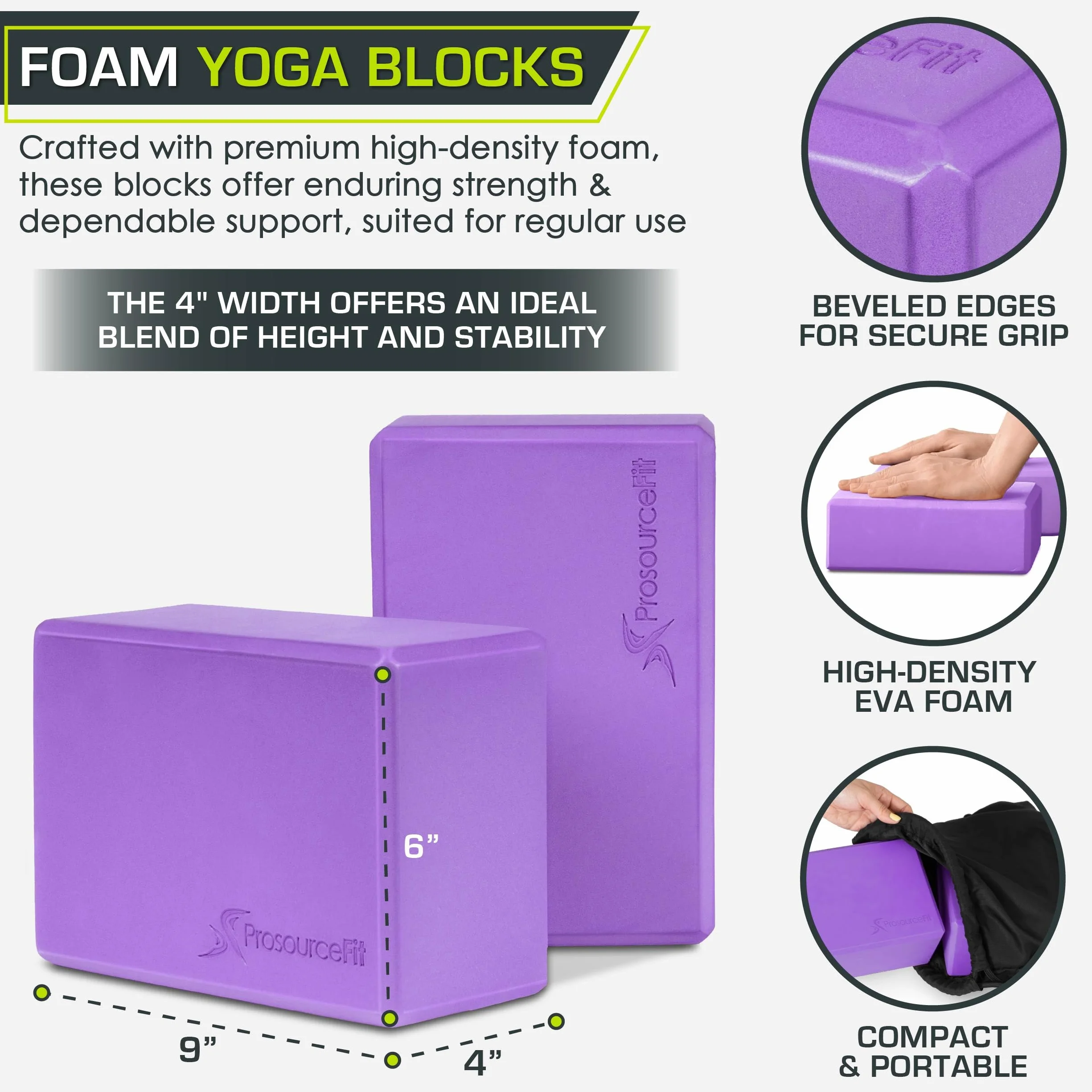 ProsourceFit Foam Yoga Blocks Set of 2, High Density EVA Yoga Bricks, 4x6x9 Inches