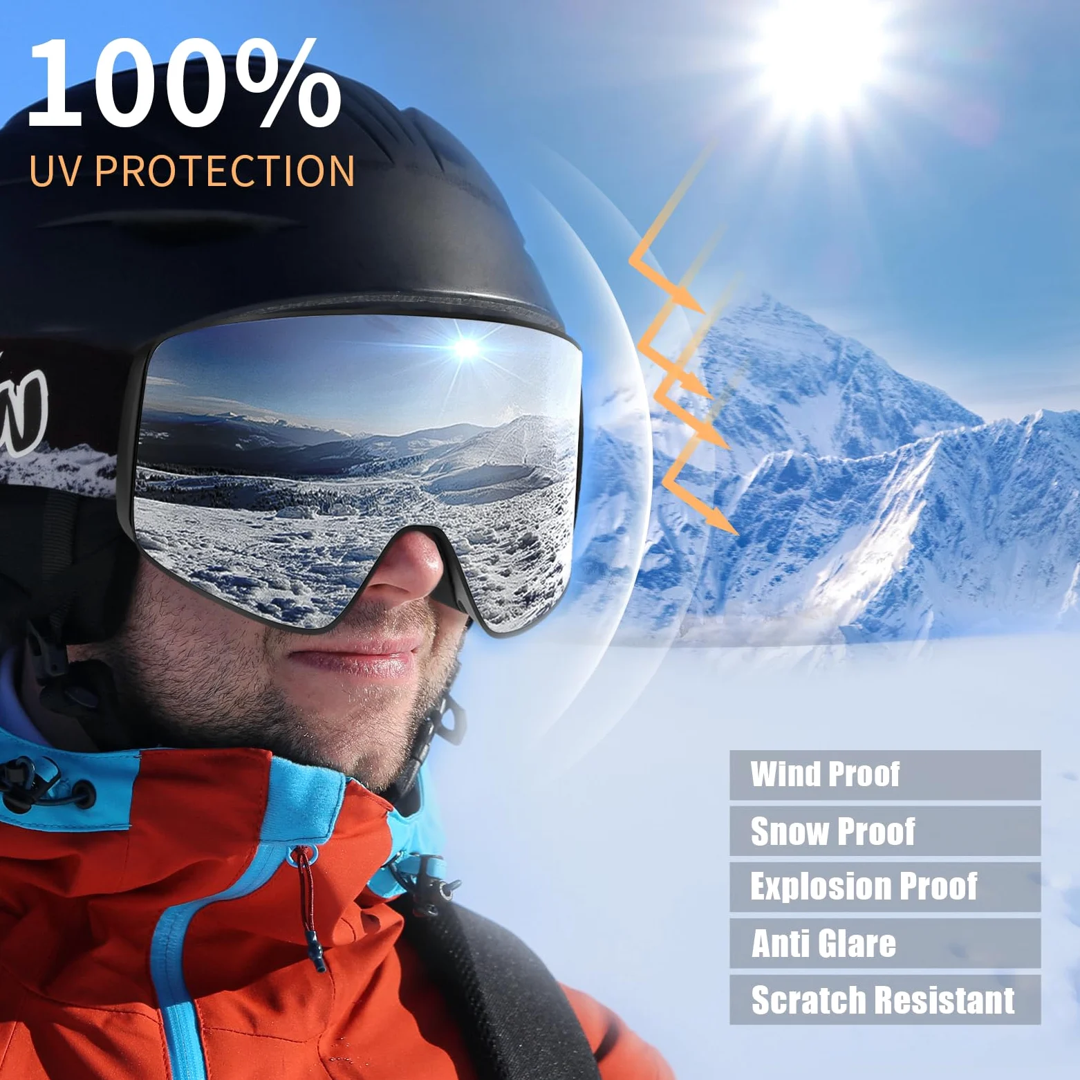 Whale Lunettes de ski à rabat magnétique pour homme, femme et adolescent - Protection UV 100 %