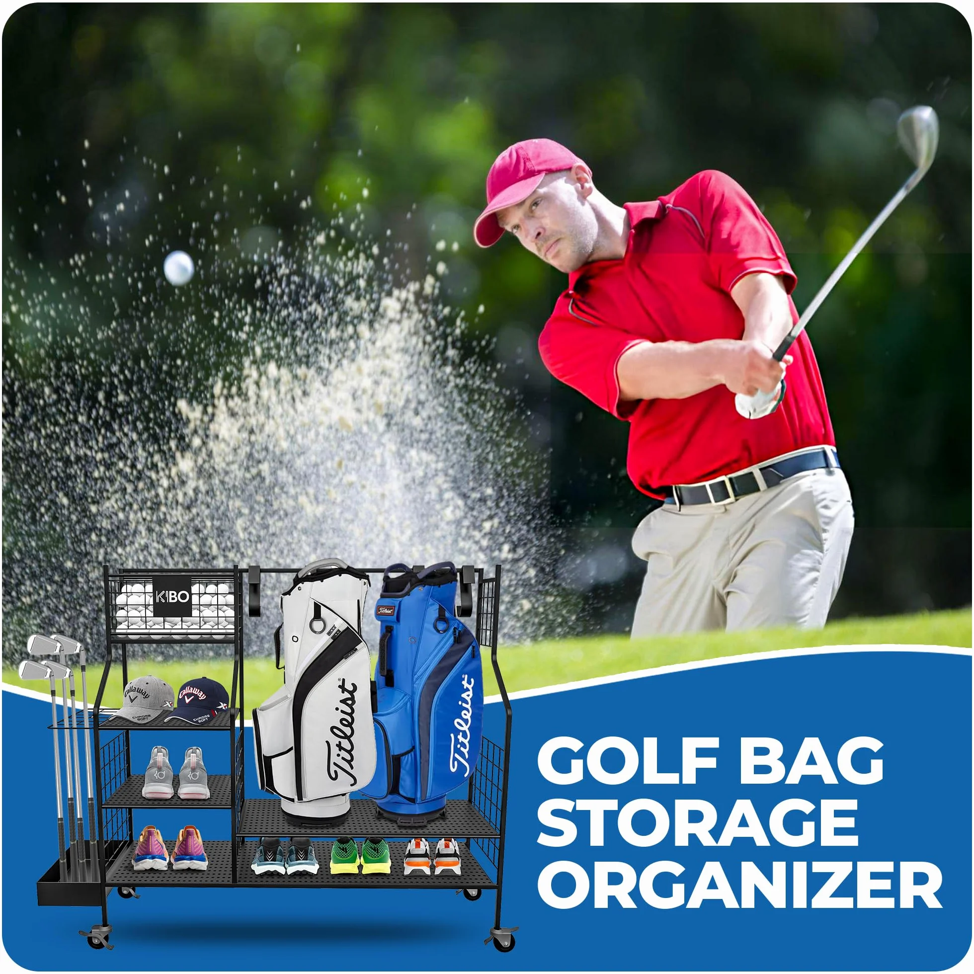 KIBO Organiseur de golf – Support de rangement noir avec roulettes, présentoir de garage pour accessoires de golf