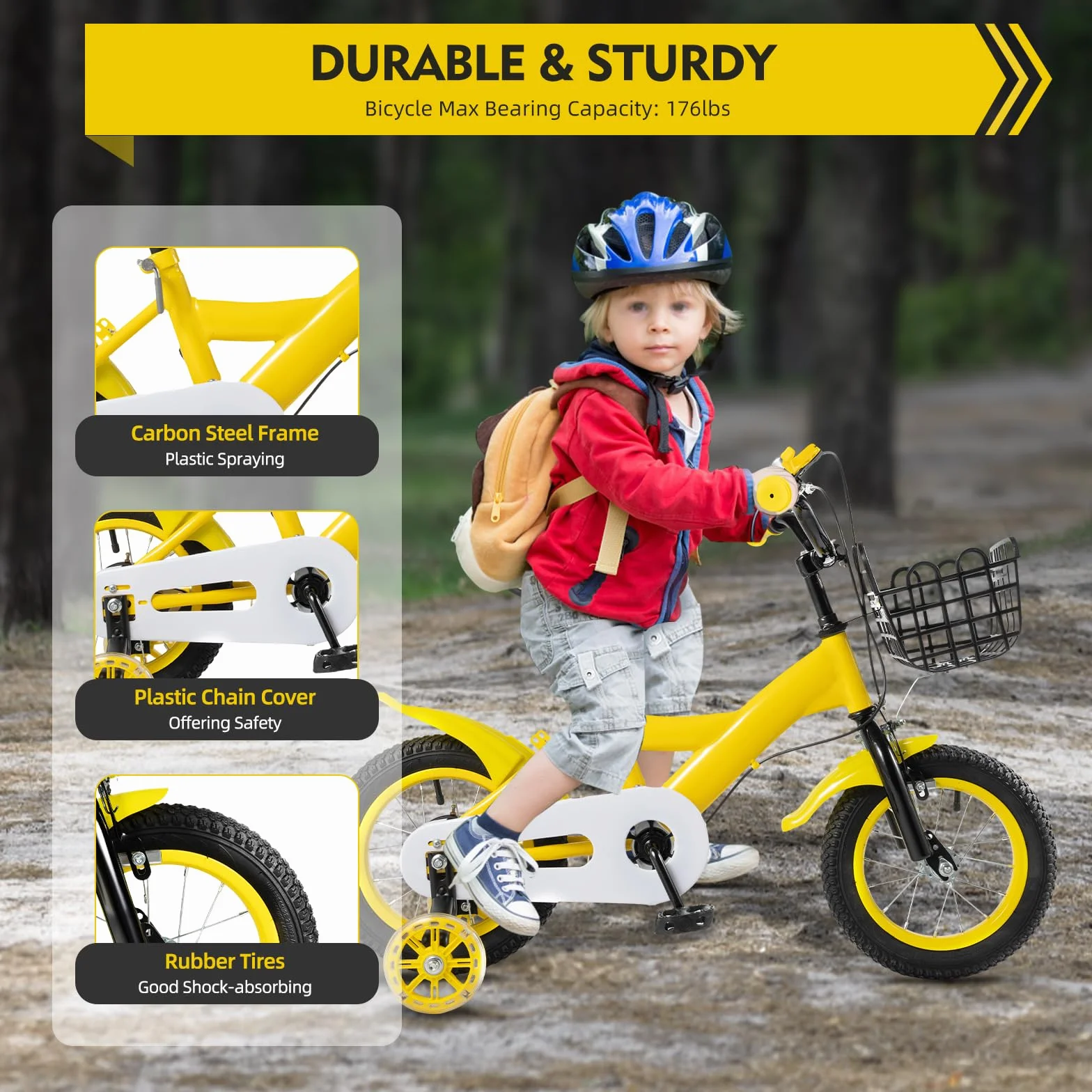 Vélo Enfant 12 Pouces Roulette Panier Siège Réglable Hauteur 50 Kg Cadre Robuste Garçons Filles 2-4 Ans