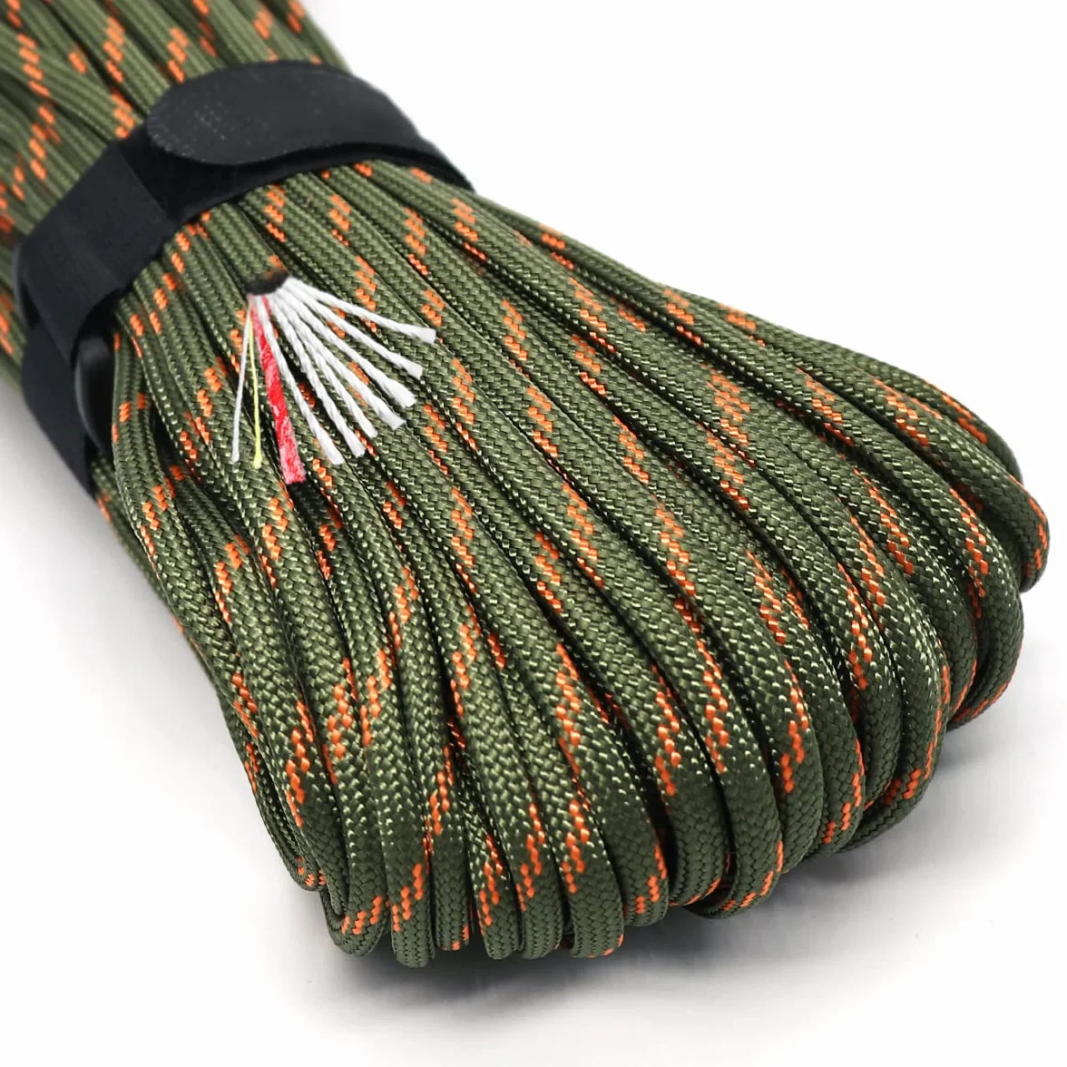 Survival Paracord Rope 100 Feet Fire Starter Parachute Cord 7-Strand Nylon with Red Tinder Cord PE Fishing Line Cotton Thread Army Green Camo