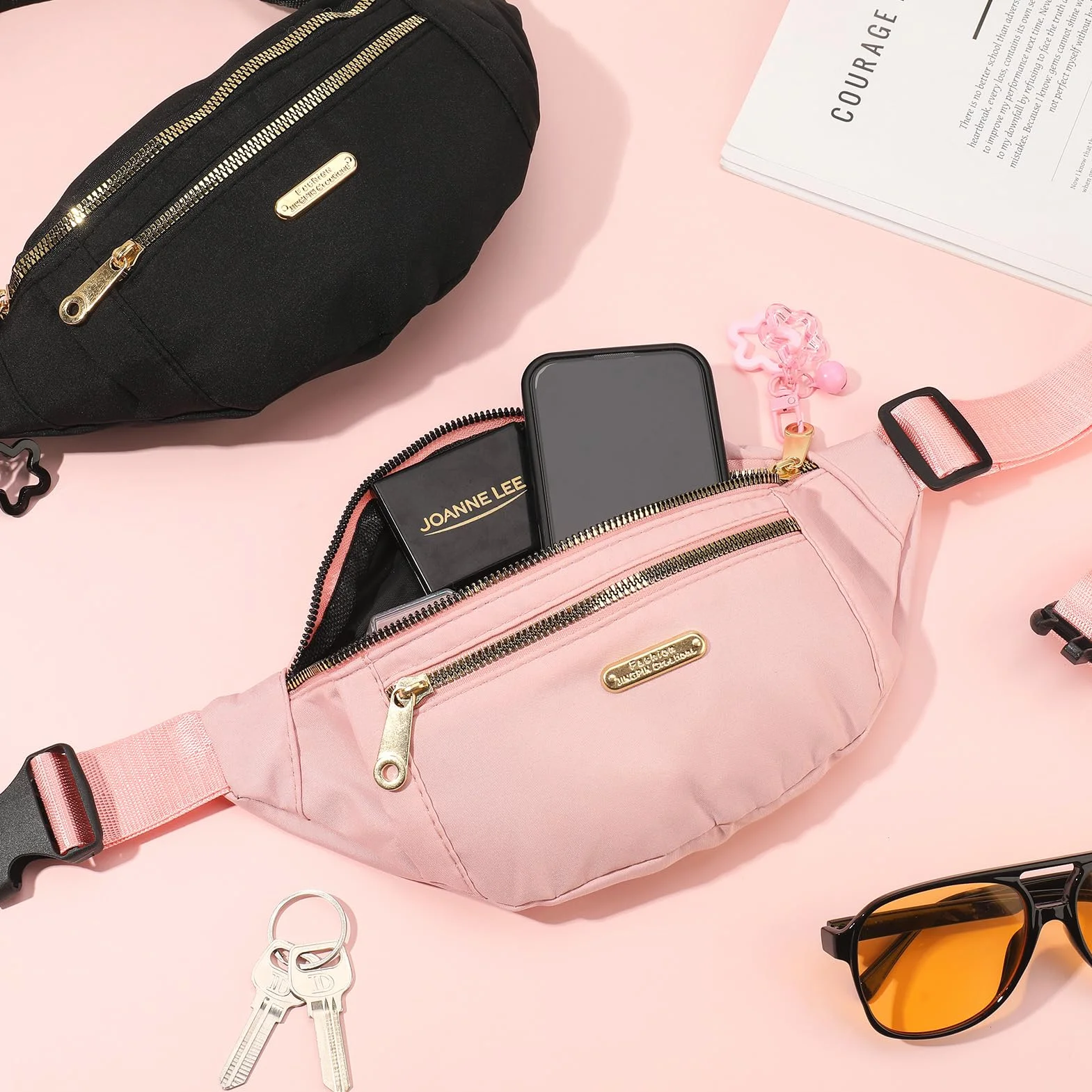 Sac Banane Femme Homme Ceinture Running Téléphone Portable Voyage Sangle Réglable Rose Noir