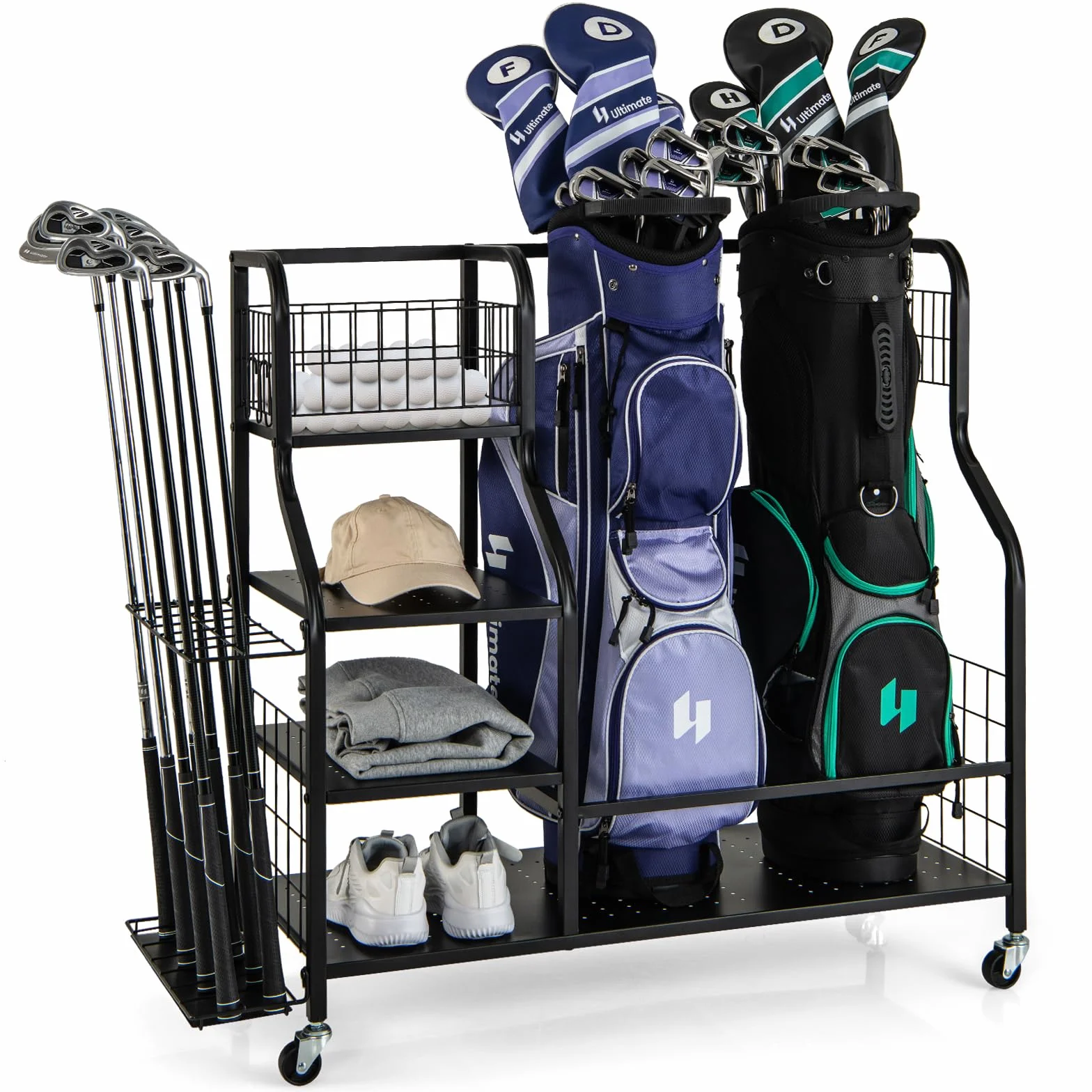 GYMAX Organisateur Rangement Clubs de Golf 4 Roues Verrouillables Étagère Crochets