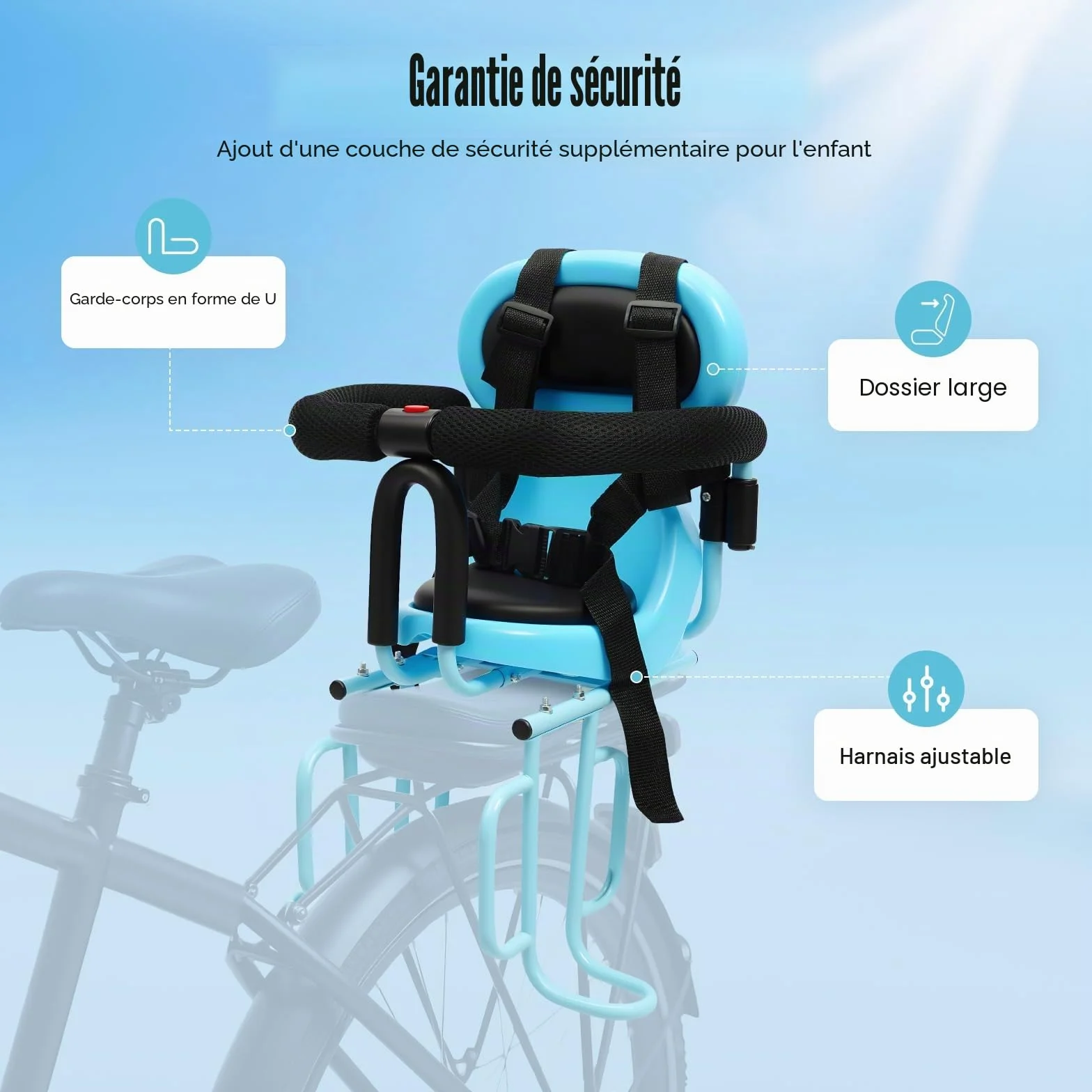 Siège de vélo enfant avec pédale et barre de sécurité arrière 6 mois à 6 ans