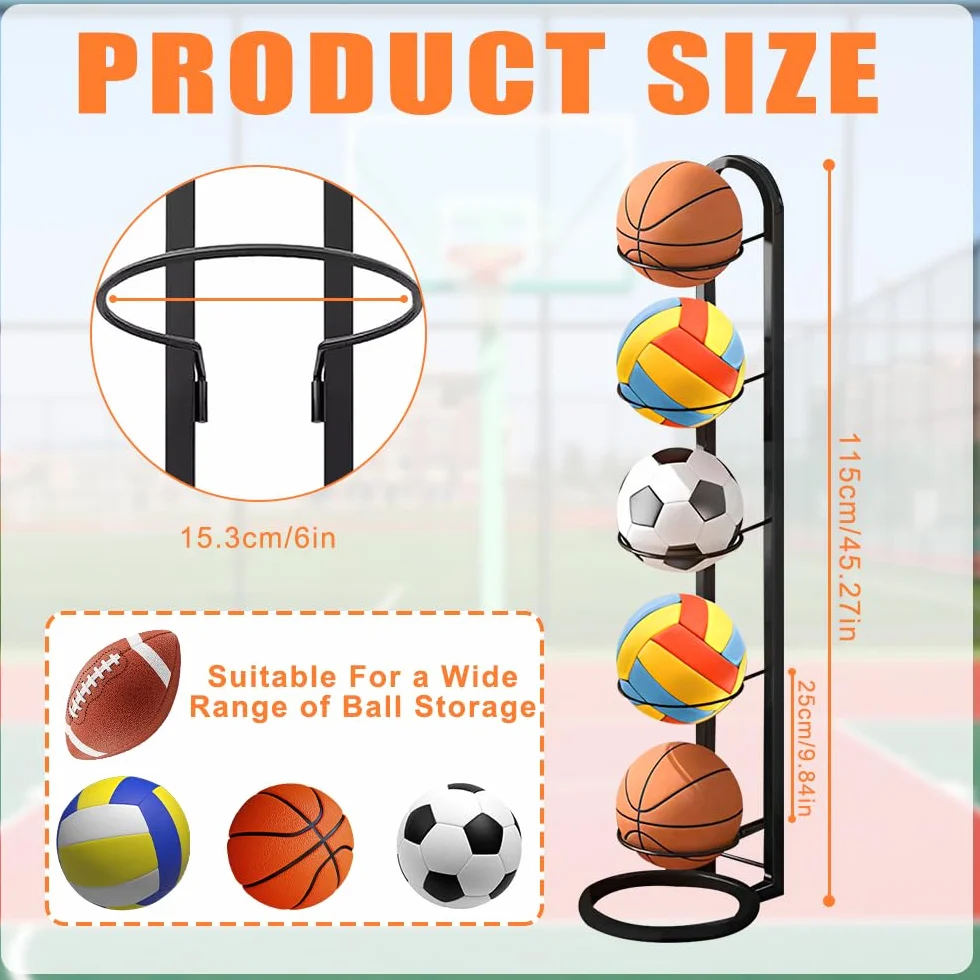 Porte Ballon Basket Métal 5 Niveaux Vertical Support Ballon Organiseur Noir