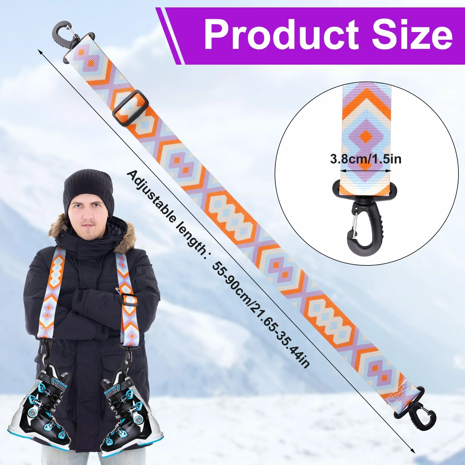 Sangle Baton de Ski, Réglables Sangle Skate avec Boucle Pivotante à 360° Sangle d'Épaule de Ski Laisse de Patins à roulettes Accessoires de Ski pour Ski, Snowboard