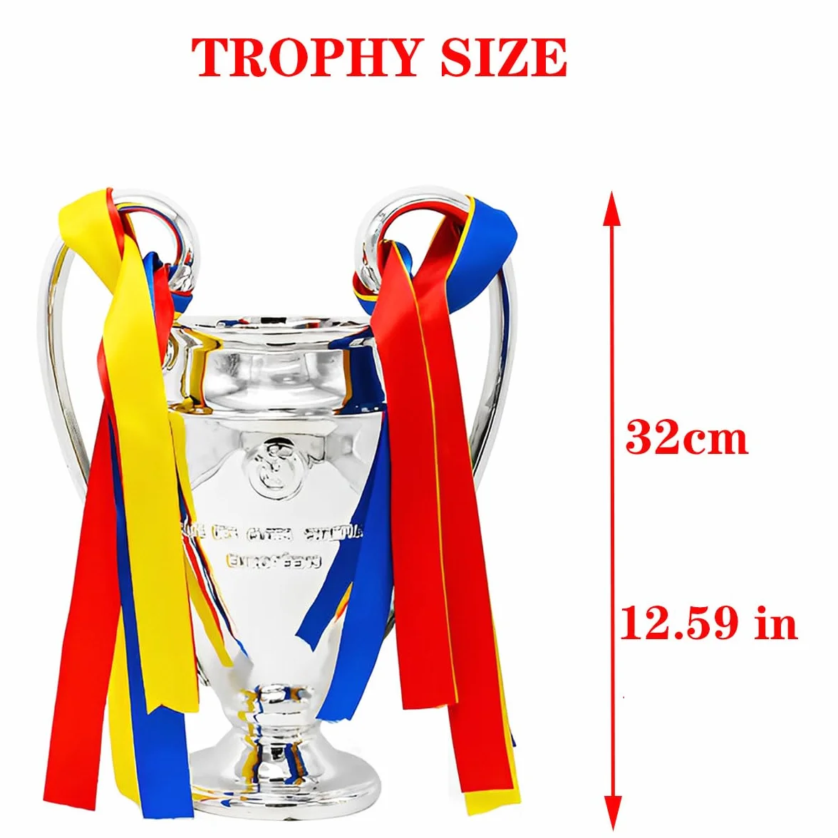 Réplique Trophée de la Ligue des Champions,Trophées des Champion d'europe De Football avec 3 éVentails De Rubans De Couleur Décorations pour La Maison Collection Ornements D'affichage,32cm