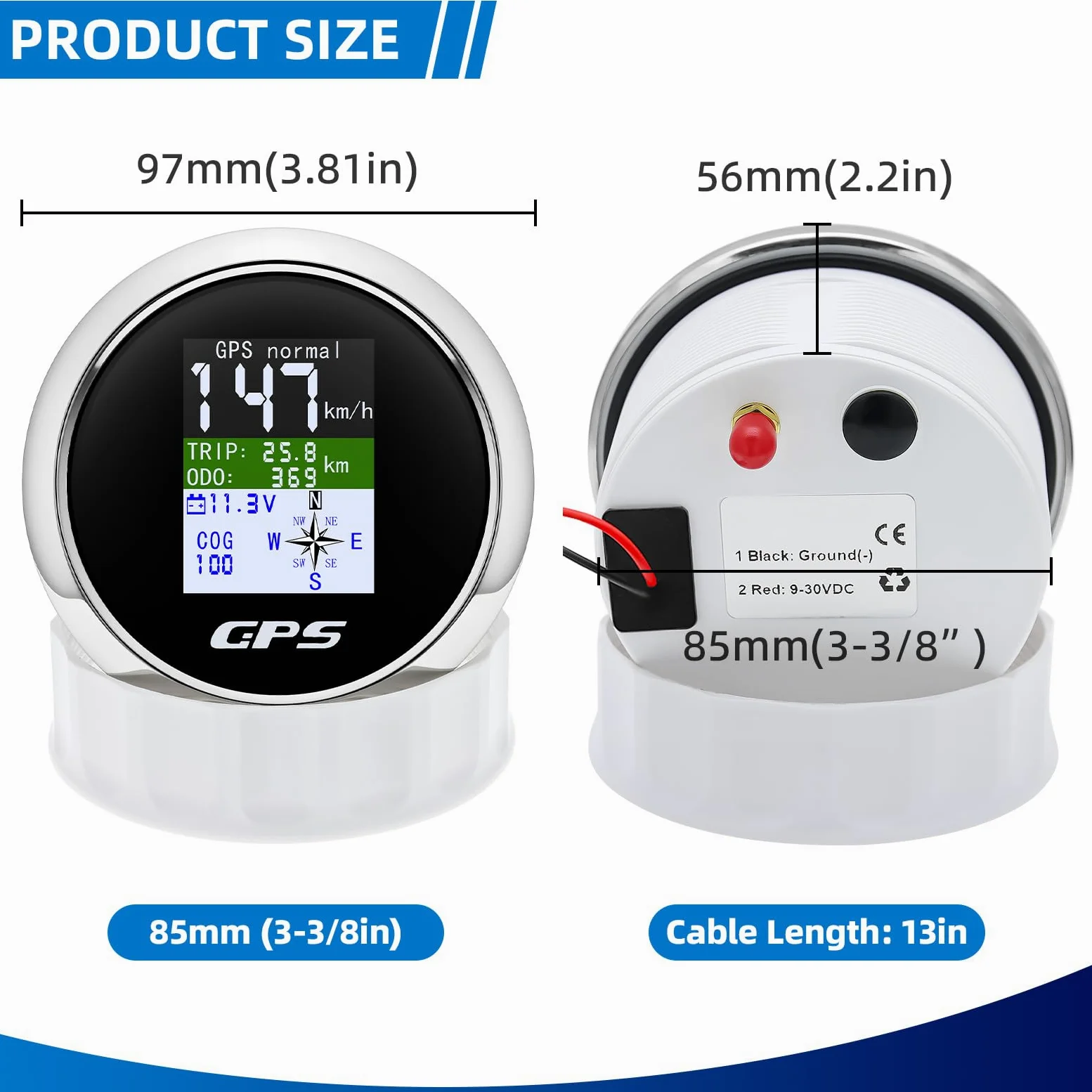 Compteur de vitesse et compteur de vitesse GPS numérique 85 mm avec compteur kilométrique, étanche IP67 pour voiture, bateau, yacht - 12 V/24 V