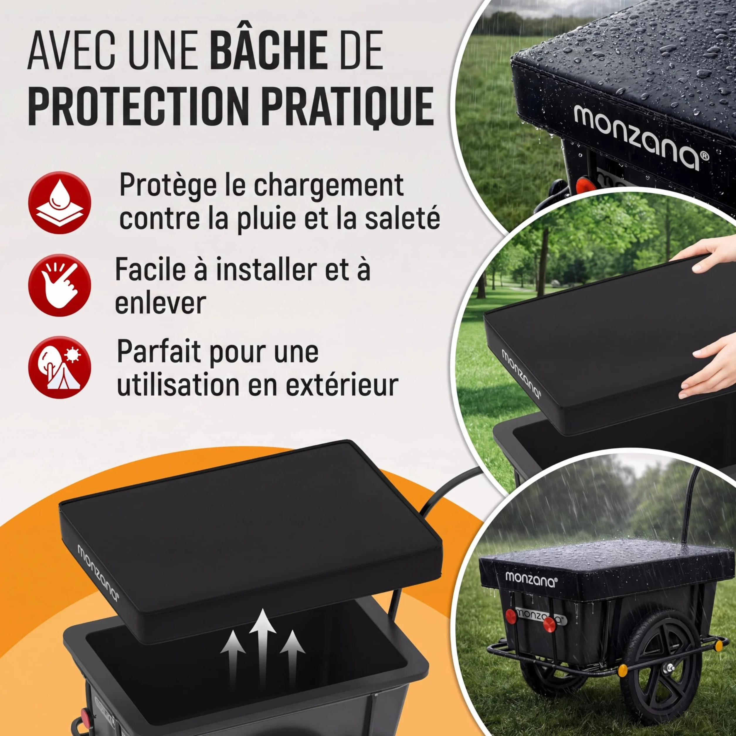 MONZANA Remorque Vélo Cuve 90L Amovible Bâche Barre Attelage Rotatif Réflecteurs Transport Chariot 80kg