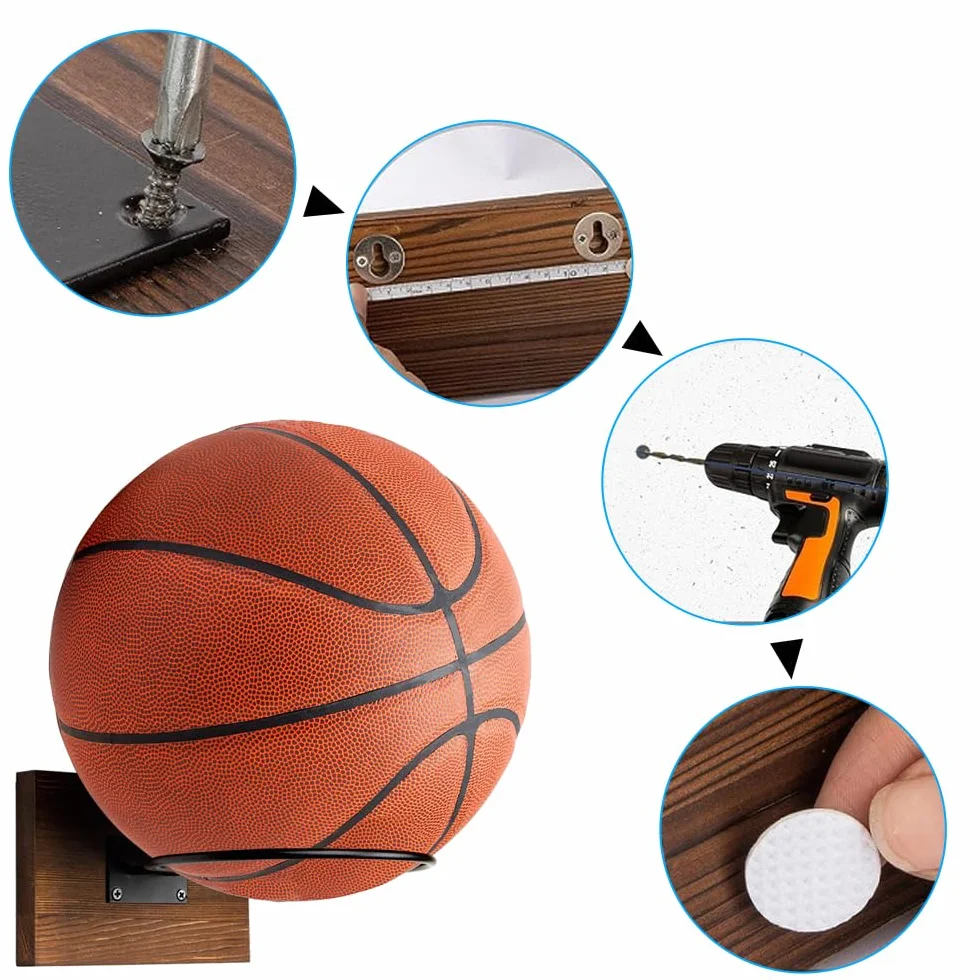 Support de Balle Métal Noir Mural pour Ballon de Sport Football, Basket-Ball, Rugby, Volleyball