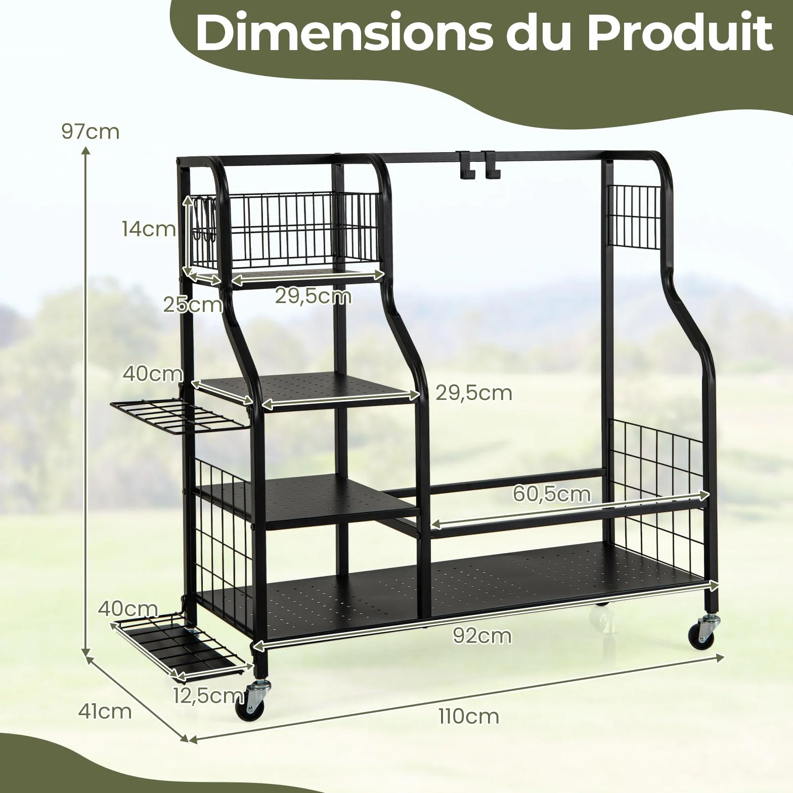 GYMAX Organisateur Rangement Clubs de Golf 4 Roues Verrouillables Étagère Crochets