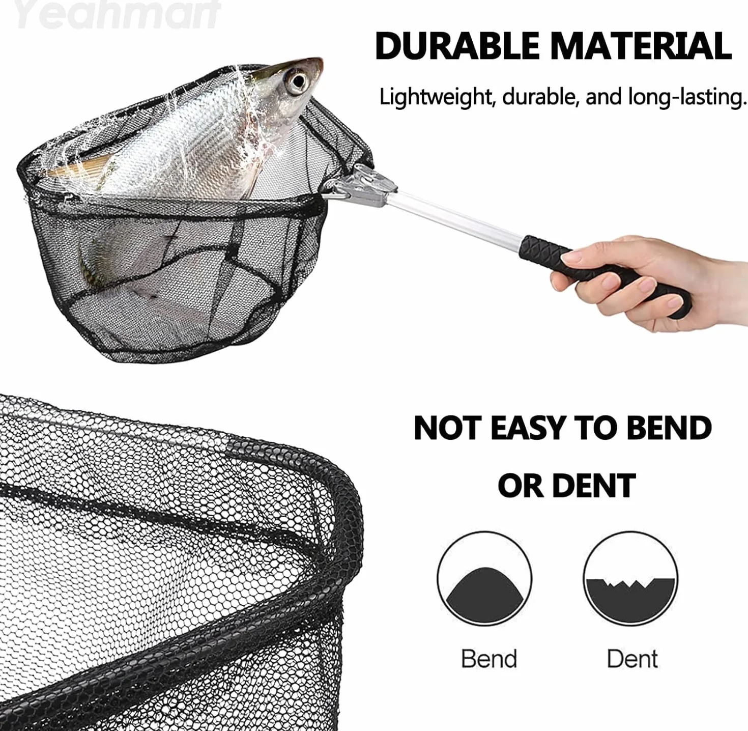 Filet de pêche pliable noir 51 cm - Épuisette pour adultes et enfants, atterrissage pour saumon et poisson-chat