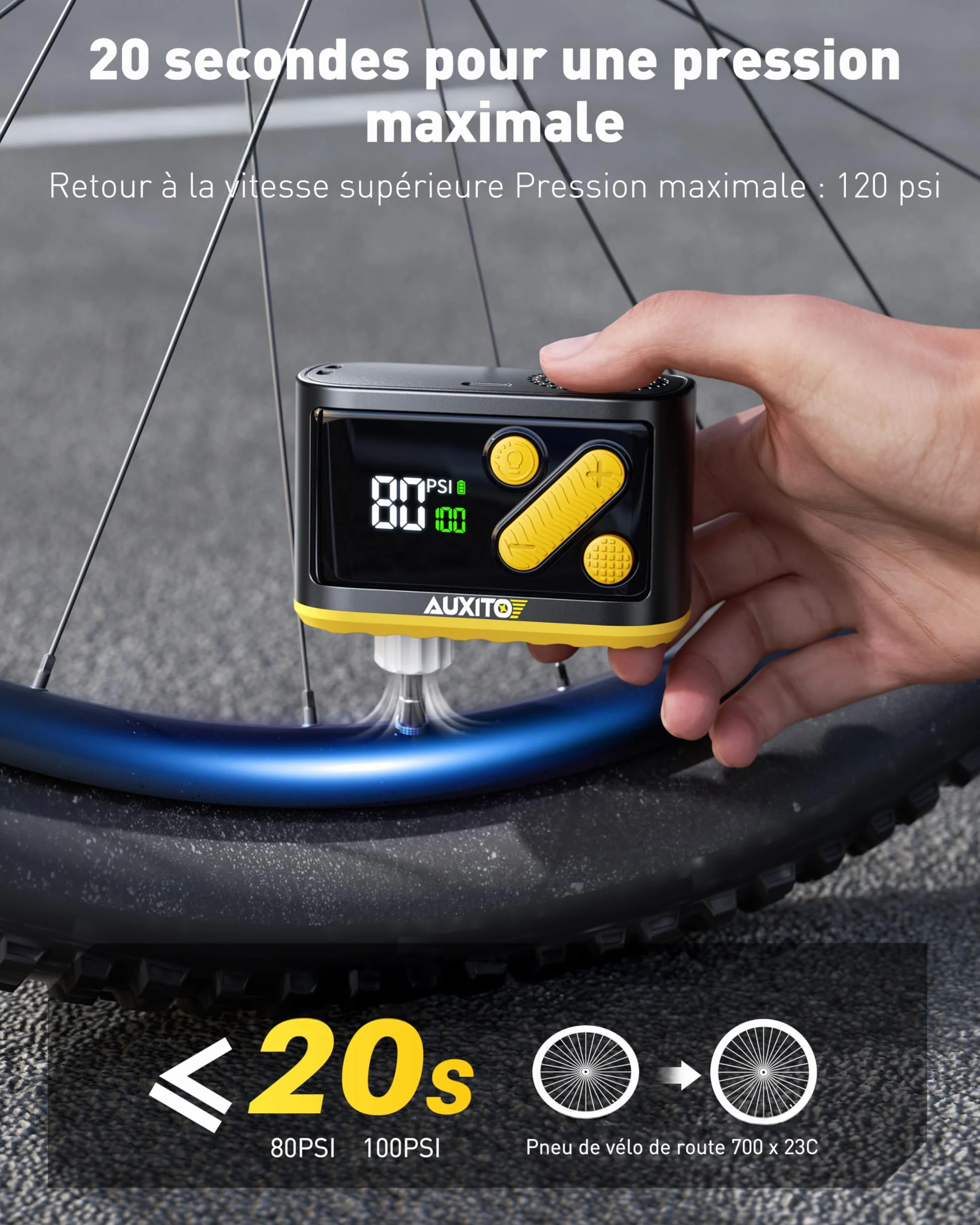 AUXITO Mini Pompe à vélo électrique 120 PSI avec manomètre adaptateurs Presta Schrader arrêt automatique
