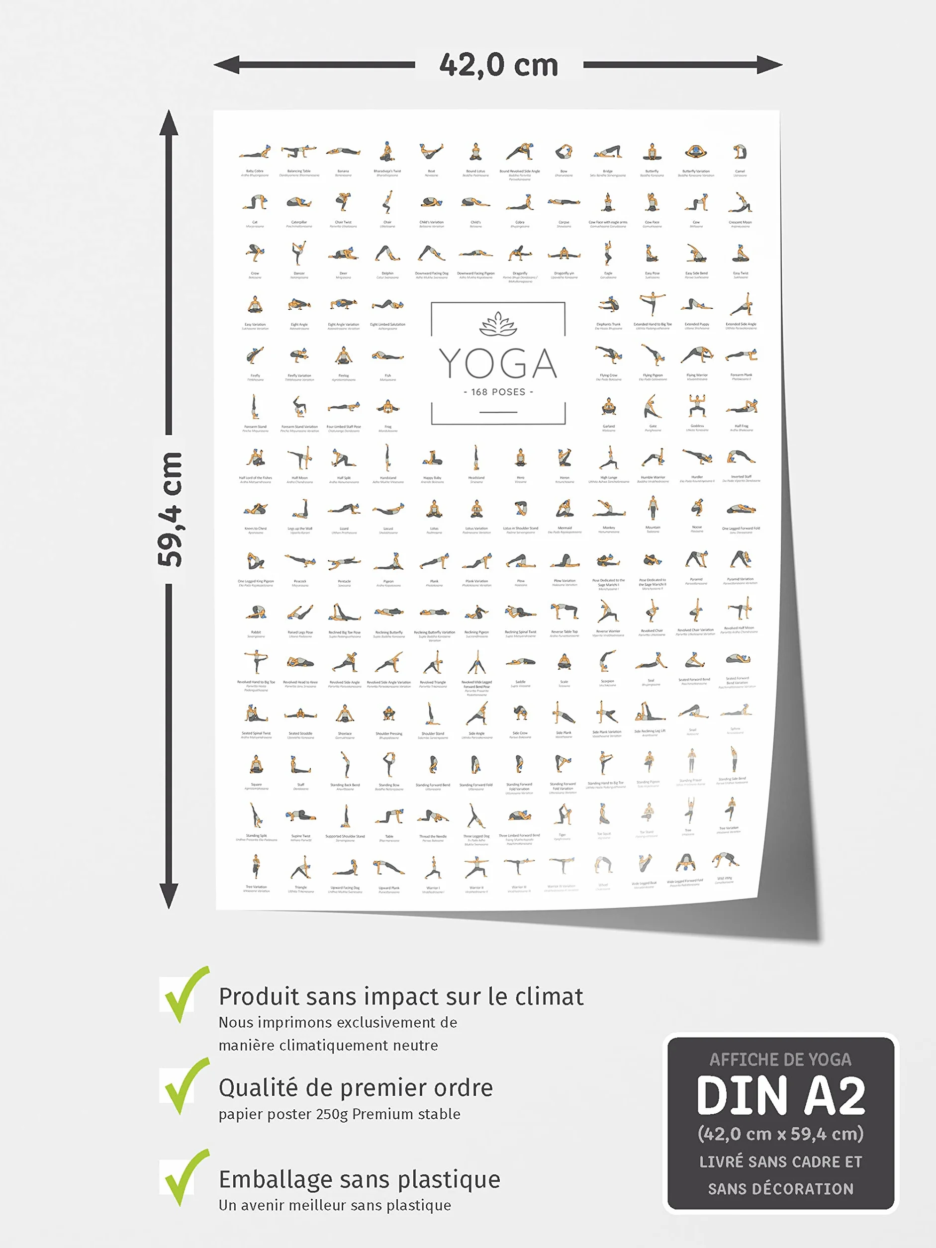 Poster de Yoga DIN A2 168 postures et asanas, accessoires de yoga pour studios et domicile JUNOMI