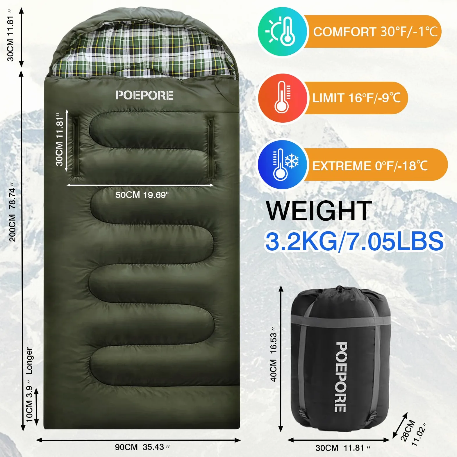 Sac de couchage en flanelle de coton à 0 degrés pour adultes - Taille XXL - Sac de couchage portable 4 saisons imperméable avec sac de compression
