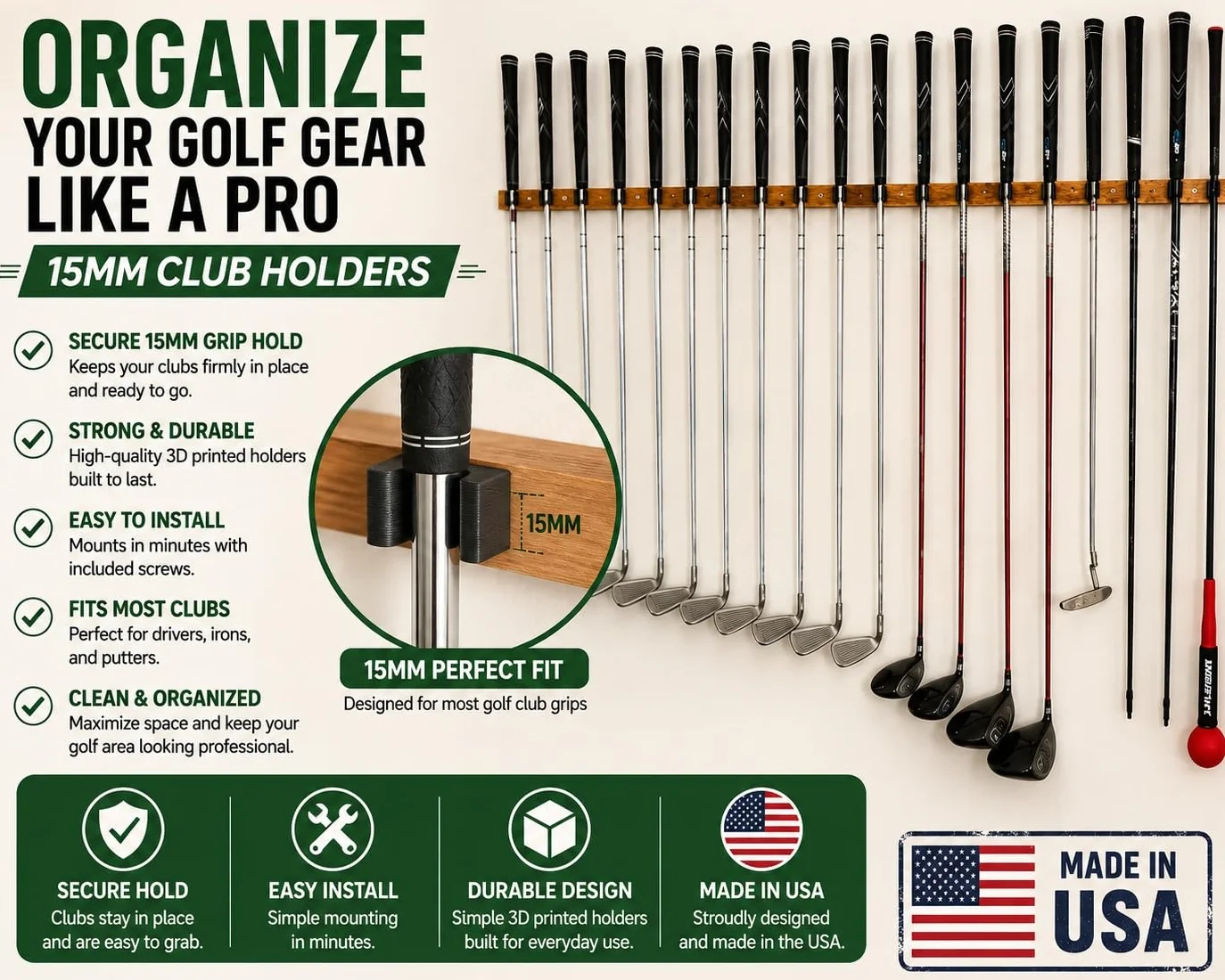 Lot de 20 supports muraux pour club de golf, gris 15 mm