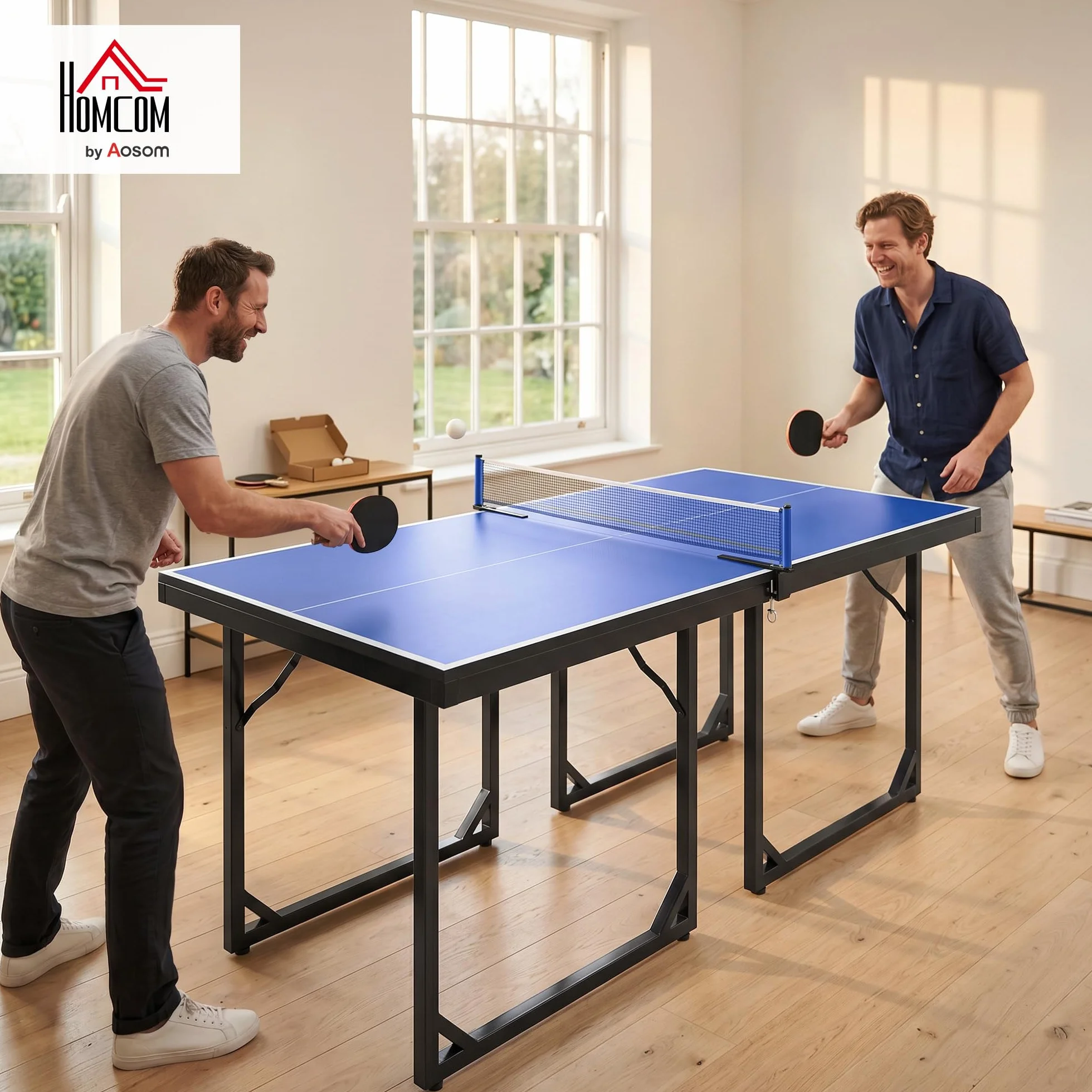 HOMCOM Table de ping-pong pliable 182 x 91 cm, facile à transporter, résistante aux intempéries, stable, table de tennis avec maille et cadre en acier, pour intérieur et extérieur, bleu