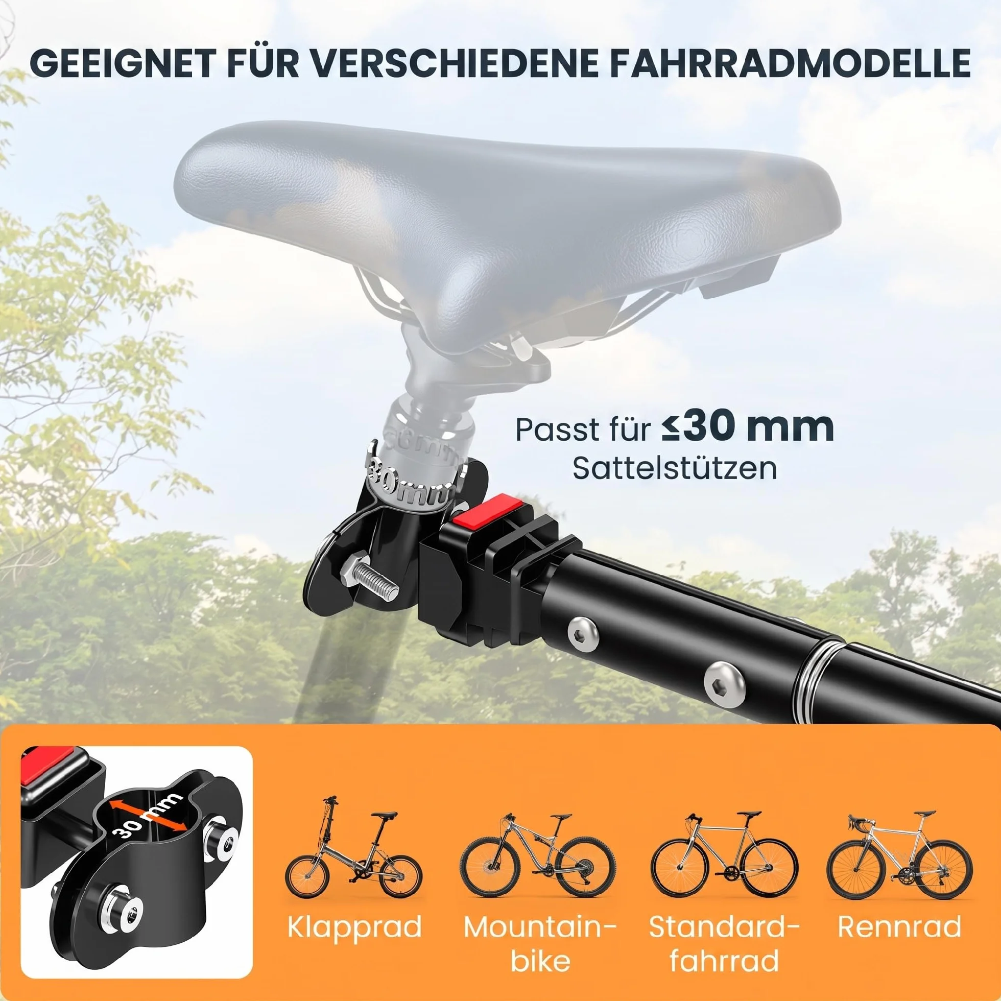 Remorque vélo pliable barre d'attelage universelle acier noir