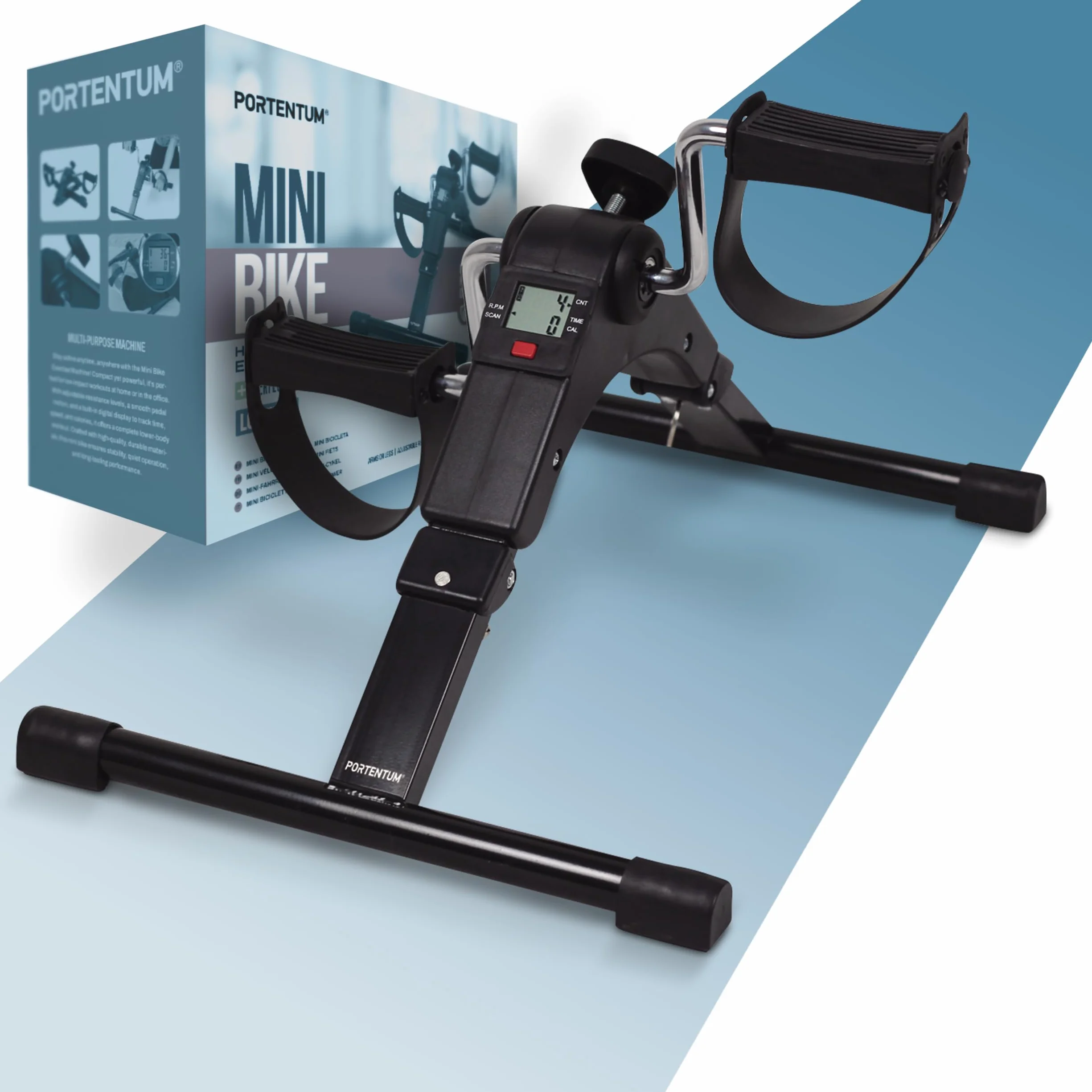 PORTENTUM Pedalier d’Appartement Senior Pliable Écran LCD 5 Fonctions Mini Velo Bras et Jambes Compact Résistance Réglable Design Portable