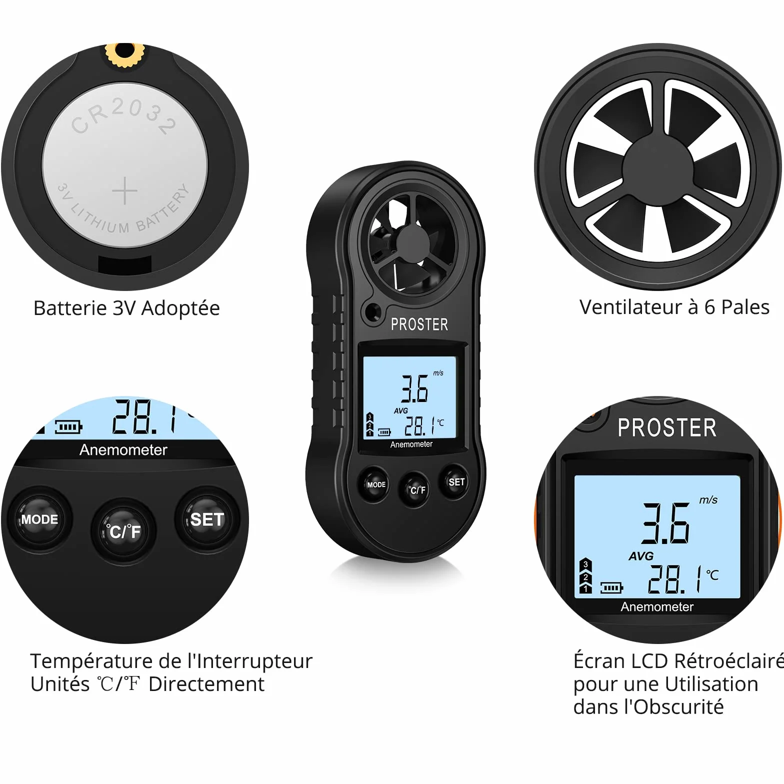 Proster Anémomètre Portable Numérique Écran LCD sans Fil Mesure Vitesse Température Vent 5 Unités
