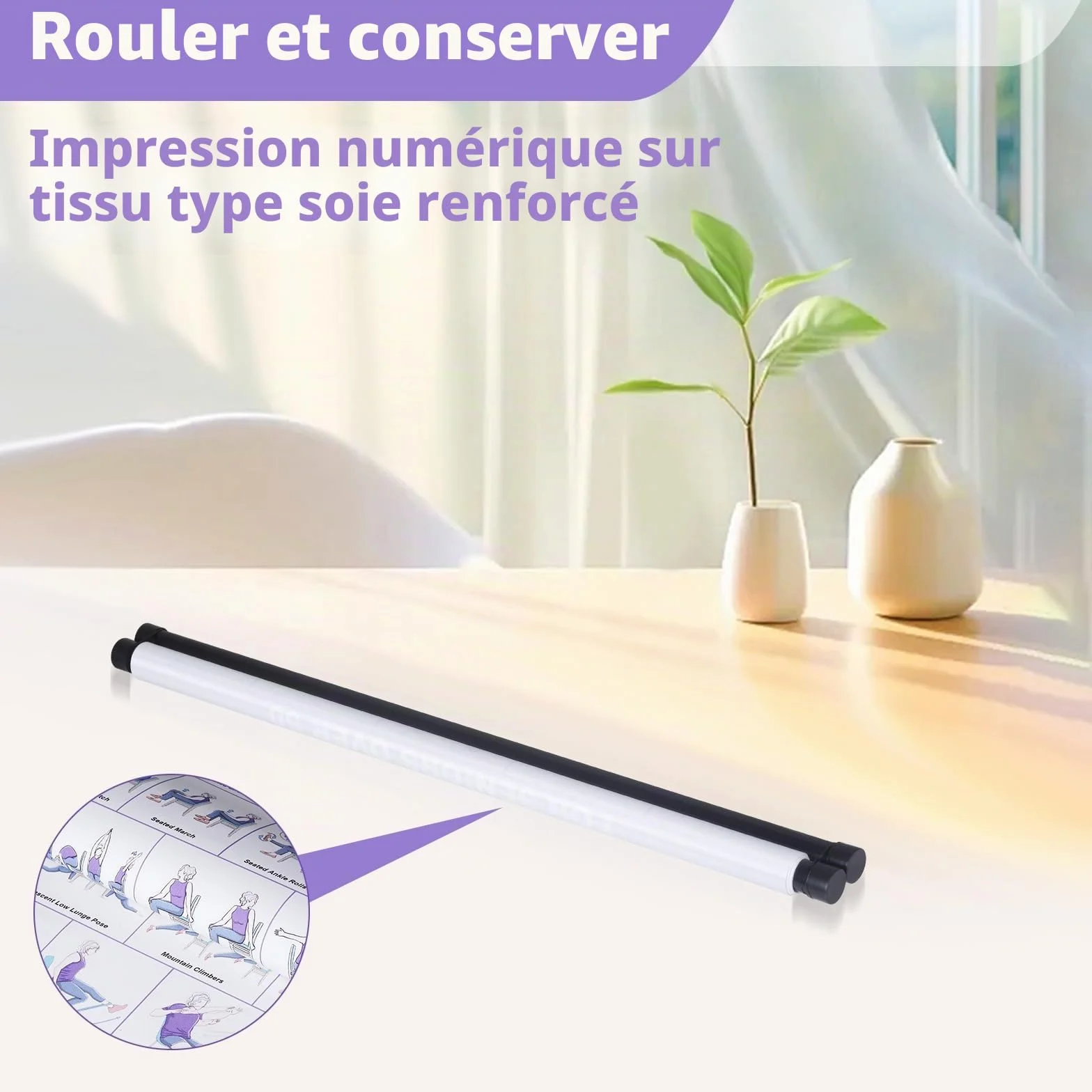 Affiche de yoga sur chaise pour seniors débutants – tableau mural en tissu avec barres de suspension – guide étirement sport maison