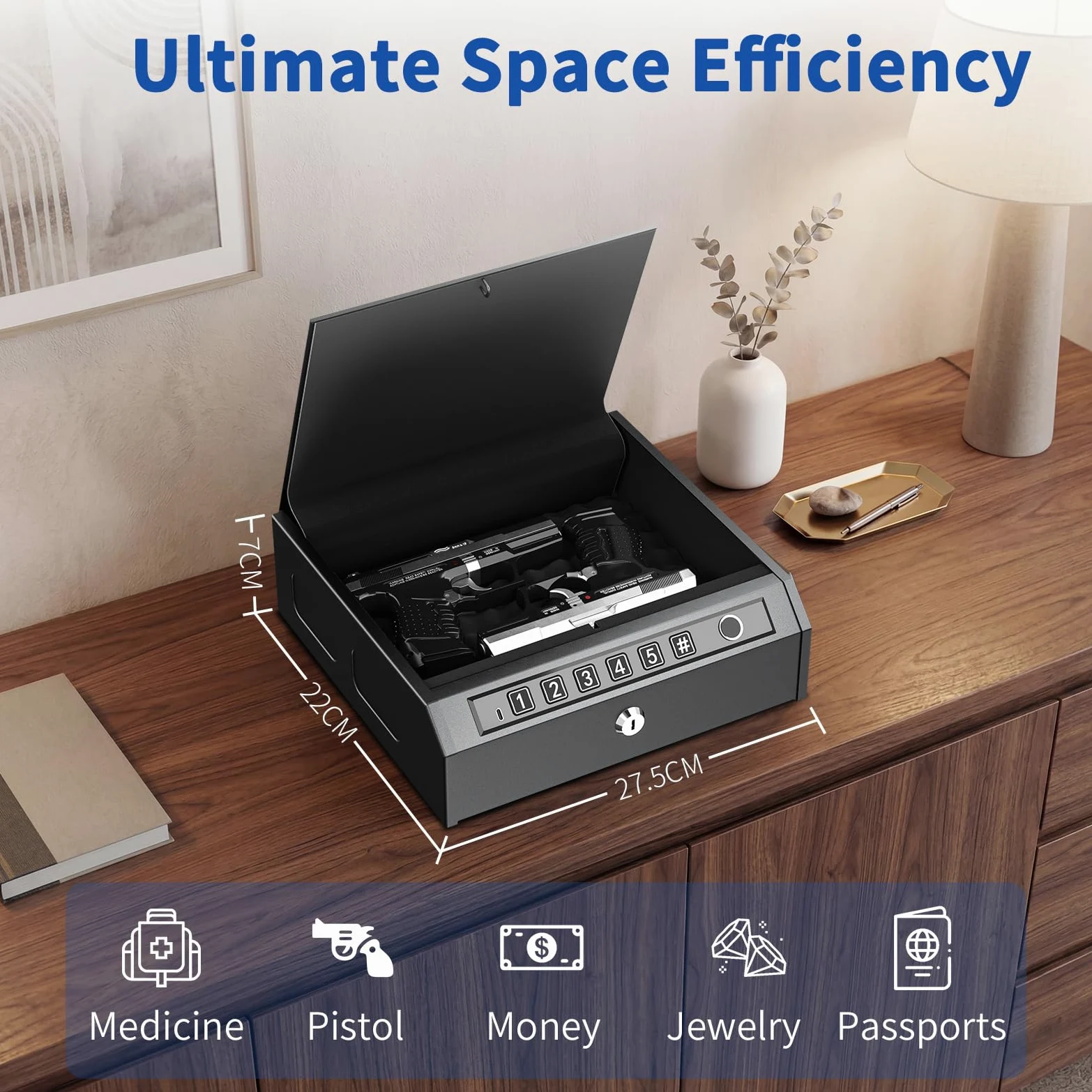 WASJOYE Coffre-fort pour pistolet biométrique à accès rapide, 3 en 1 pour empreintes digitales, code PIN et clé avec lumière LED, coffre-fort portable en alliage d'acier pour la maison et la voiture