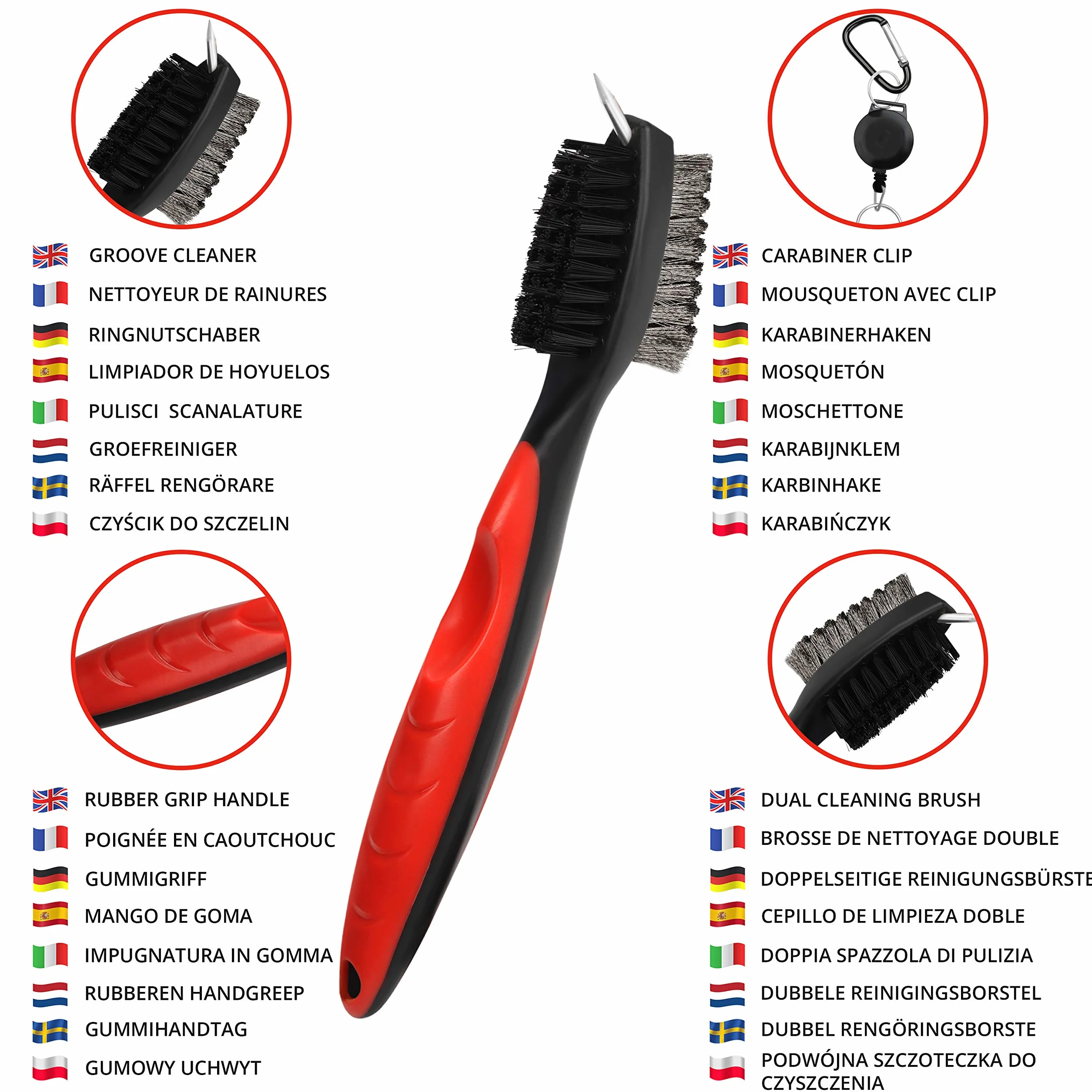 K&V GOLF Brosse pour Club de Golf et Rainures Brosse à Double Coté Nylon & Acier avec Pics pour Nettoyer Surface & Rainures de Club - Fournie avec Fermoir (Mousqueton) pour l'Accrocher Facilemen