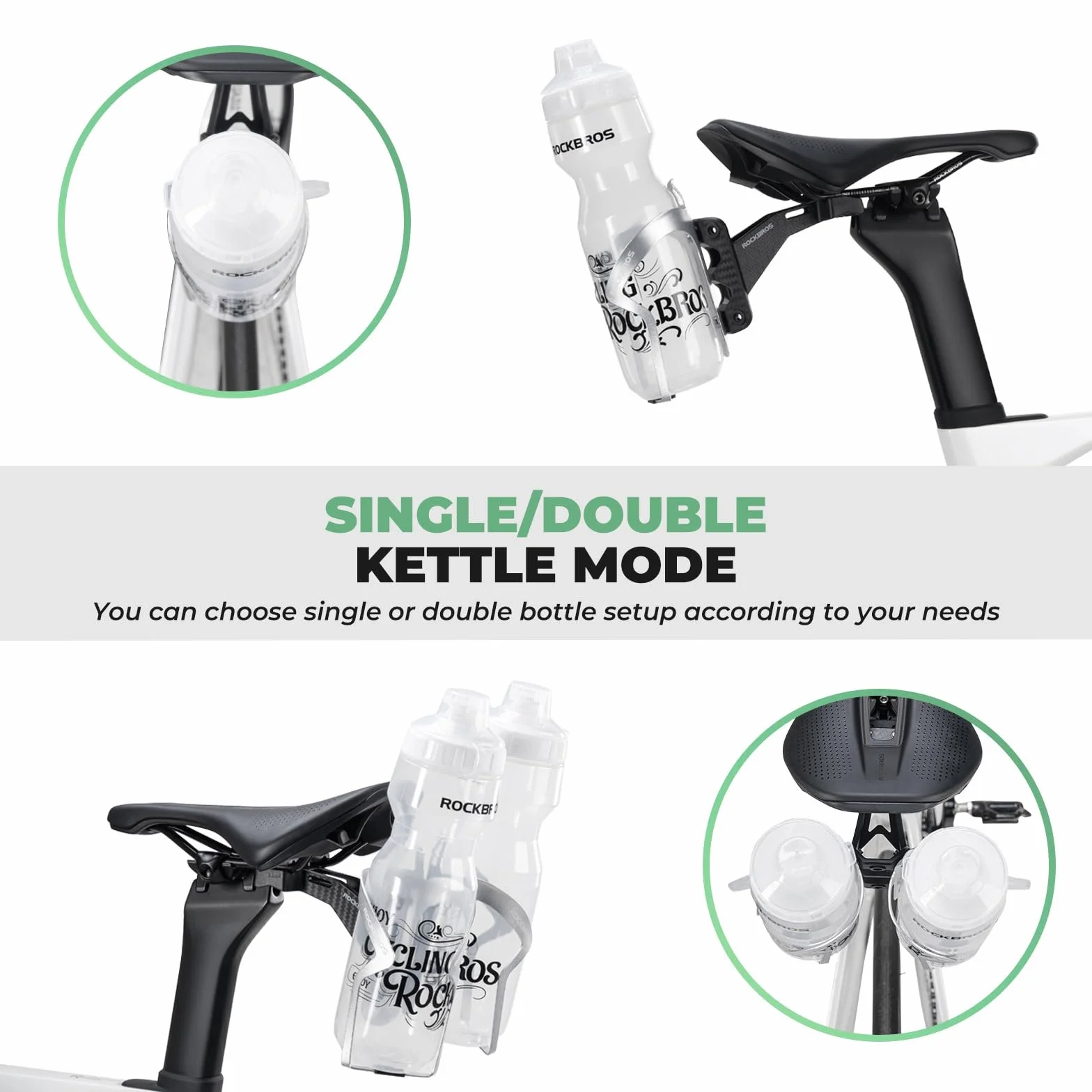 ROCKBROS Support Porte-Bidon Tige de Selle, Adaptateur Réglable 1-2 Bouteilles, Porte-Bidon Vélo Léger Stable Route VTT, Noir