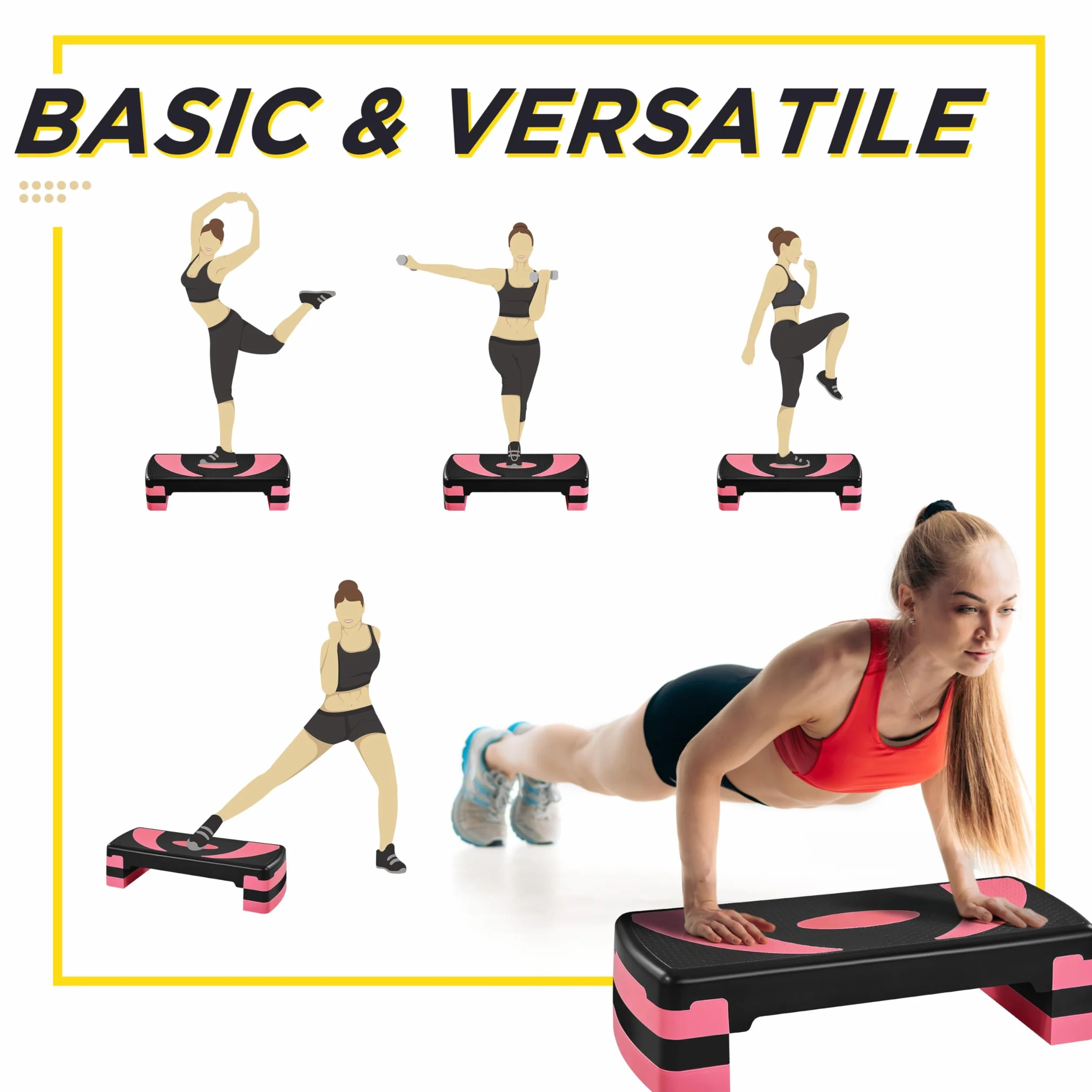 Stepper de Fitness Abician 79,5 x 30 x 20cm Réglable 3 Hauteurs Rose