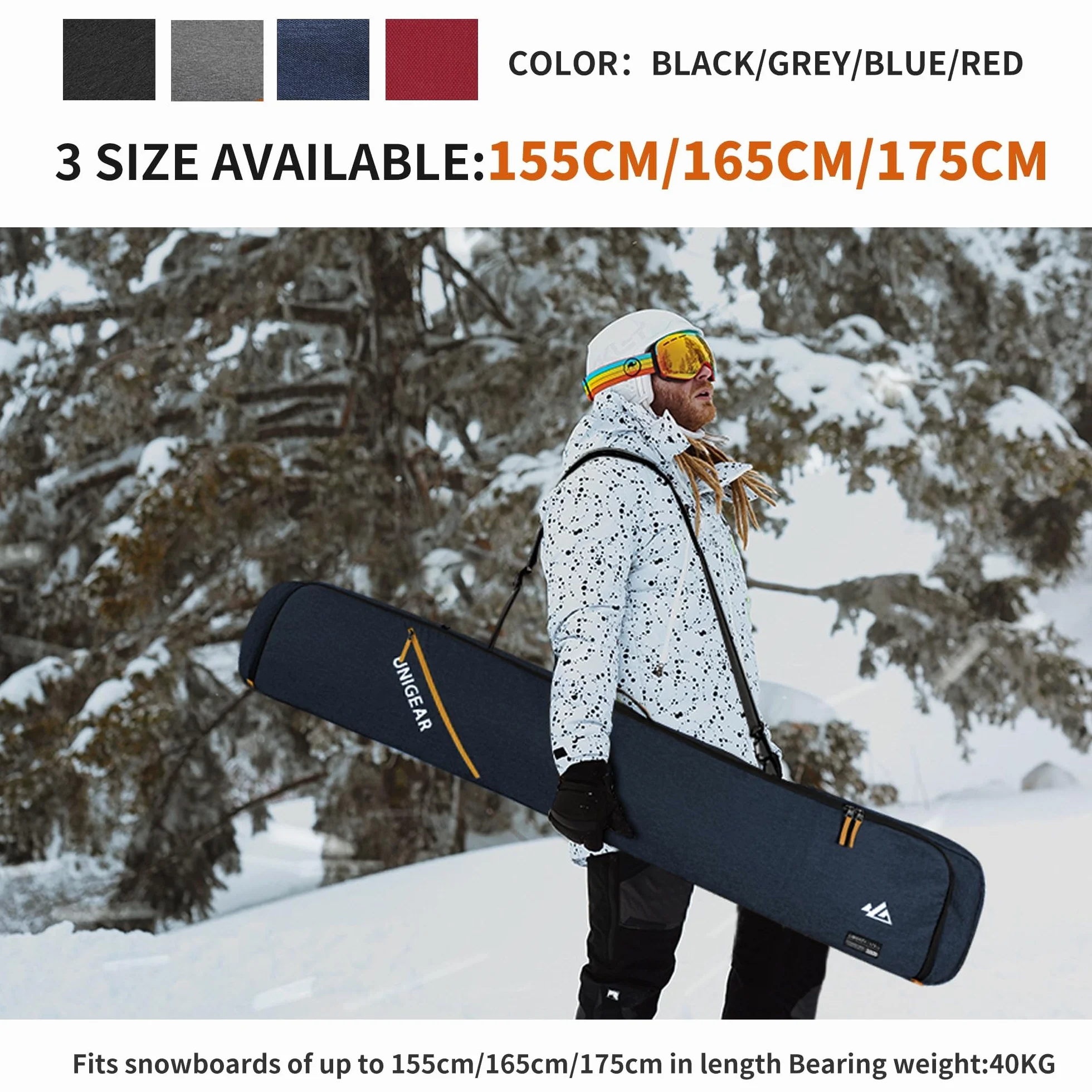 Unigear Sac de Ski Snowboard Durable et Résistant à l'eau 165/175 cm | Sac de ski spacieux, protection 360° en mousse EPE 10mm, tissu 600D résistant, conception ergonomique, idéal pour voyage