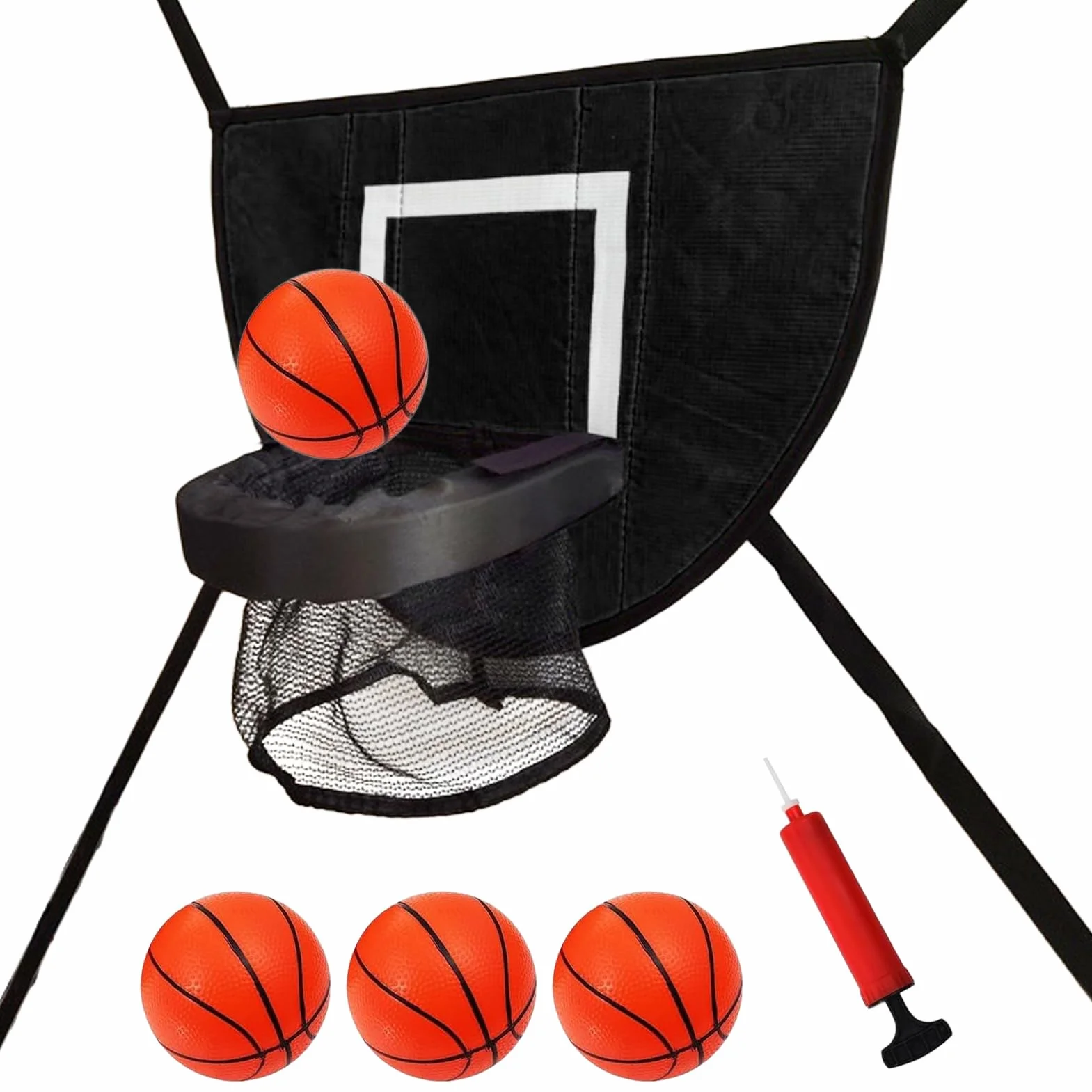 Panier de Basket-Ball pour Trampoline avec Filet, 4 Balles et Pompe, Filet Amovible pour Sports d'Intérieur et Plein Air