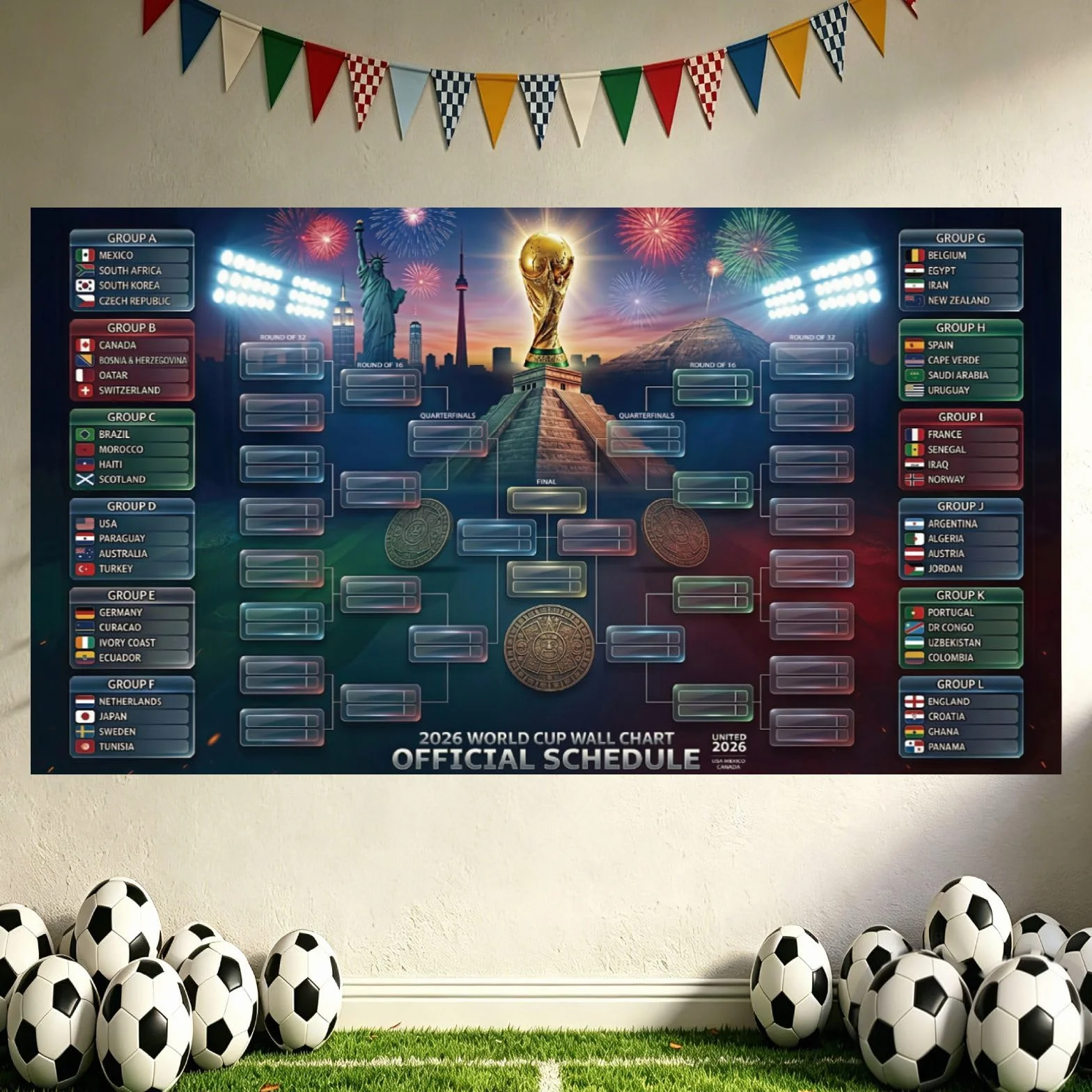Calendrier Coupe du Monde 2026 Affiche Murale 150x100cm Tableau des Matchs 48 Équipes