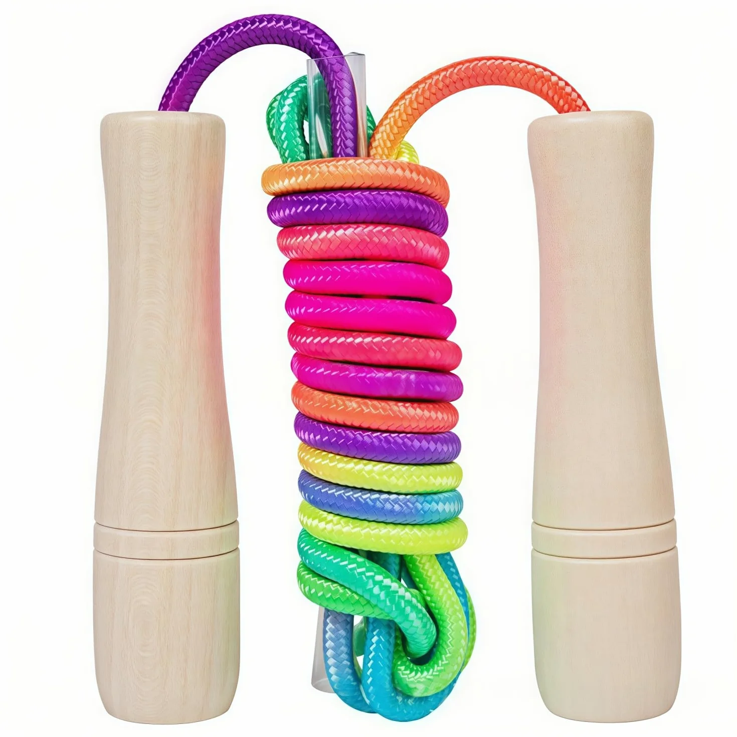 Corde à Sauter Arc-en-ciel Réglable avec Poignée en Bois pour Enfants 2.5M