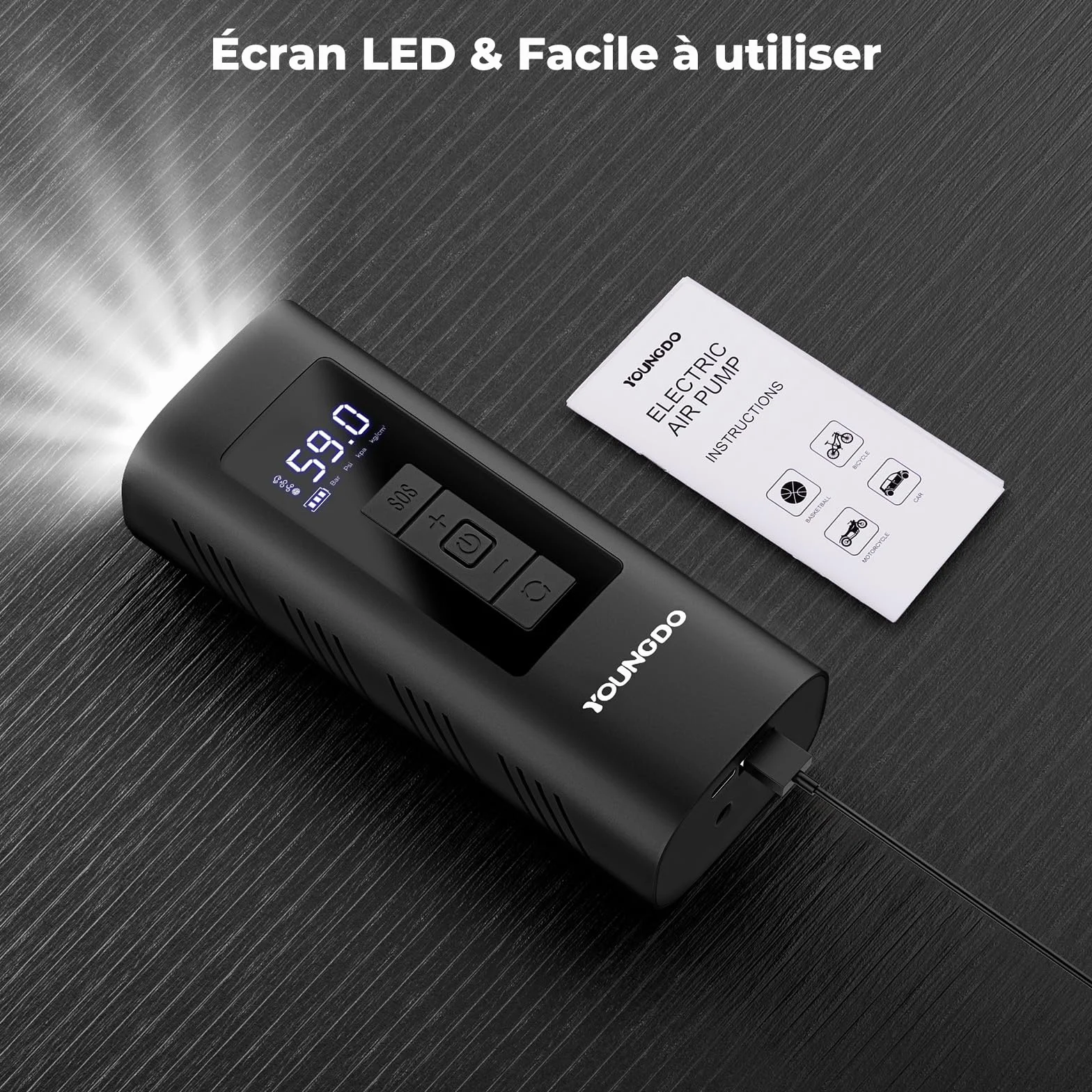 Pompe à Vélo Électrique 150PSI YOUNGDO Compresseur à Air Portatif 6000mAh