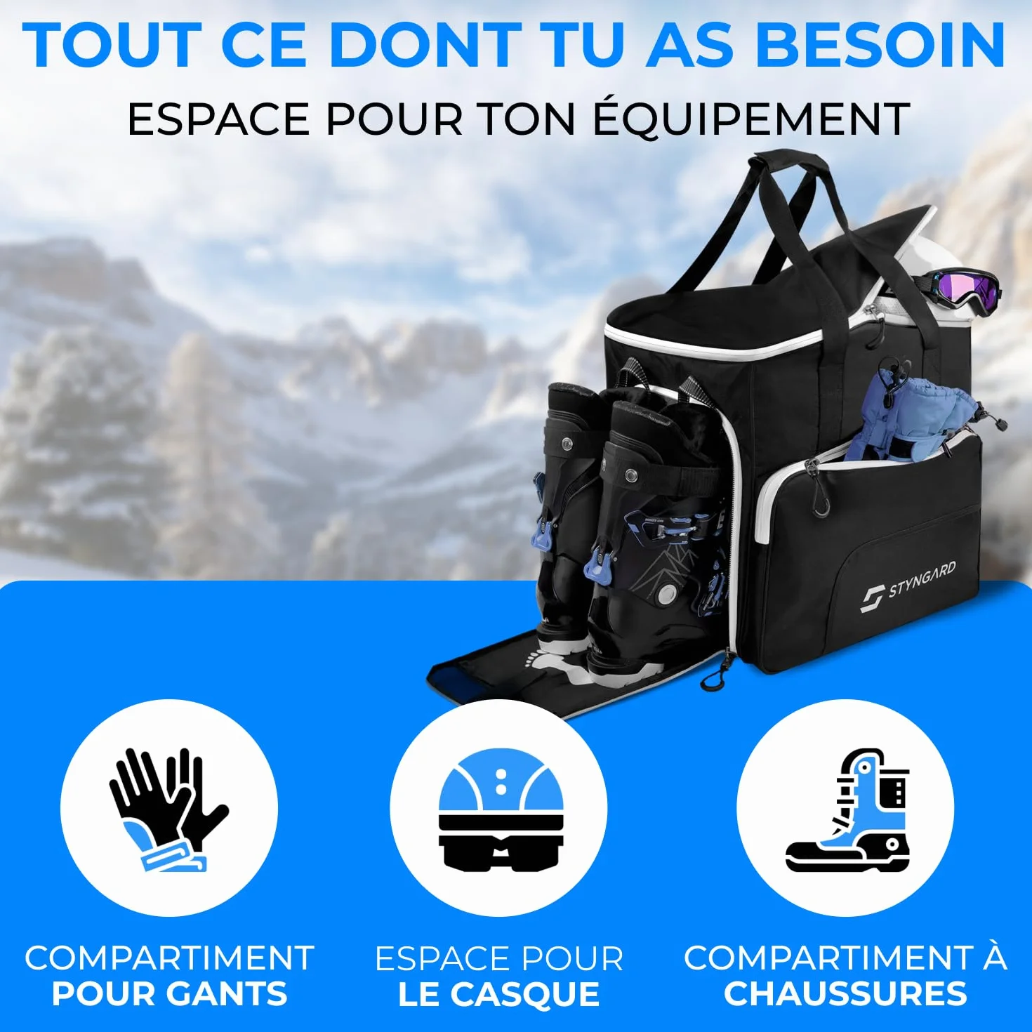 STYNGARD Housse Chaussures de Ski 54 L Sac à Chaussures Ski Compartiment Casque Bottes modèle Sölden Noir-Rose