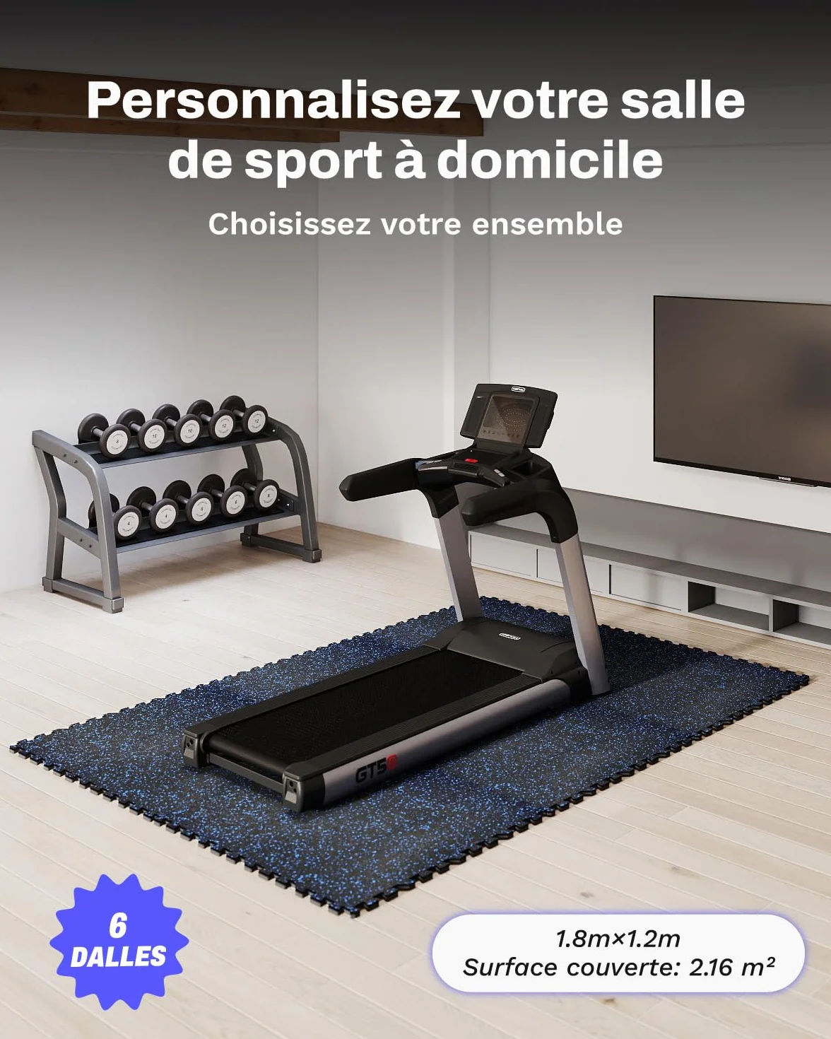 Tapis de Fitness AIRHOP 60x60x1,4 cm Caoutchouc Robuste Sol Puzzle Salle de Sport Noir&Ble