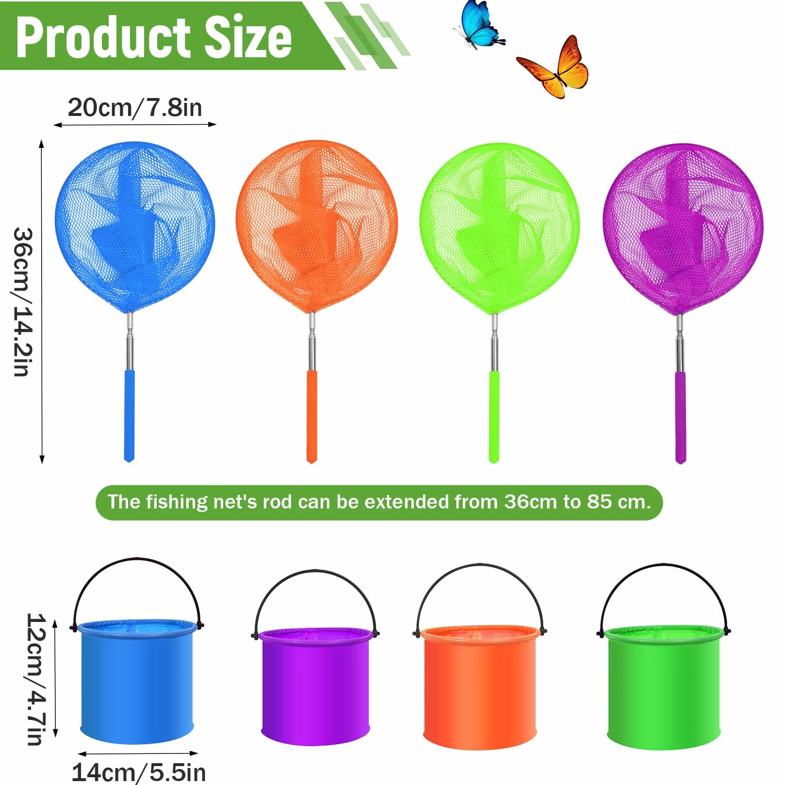 Épuisette télescopique Lot de 4 Épuisettes et 4 Seaux Pliables Filet à Papillons Pêche Extérieur