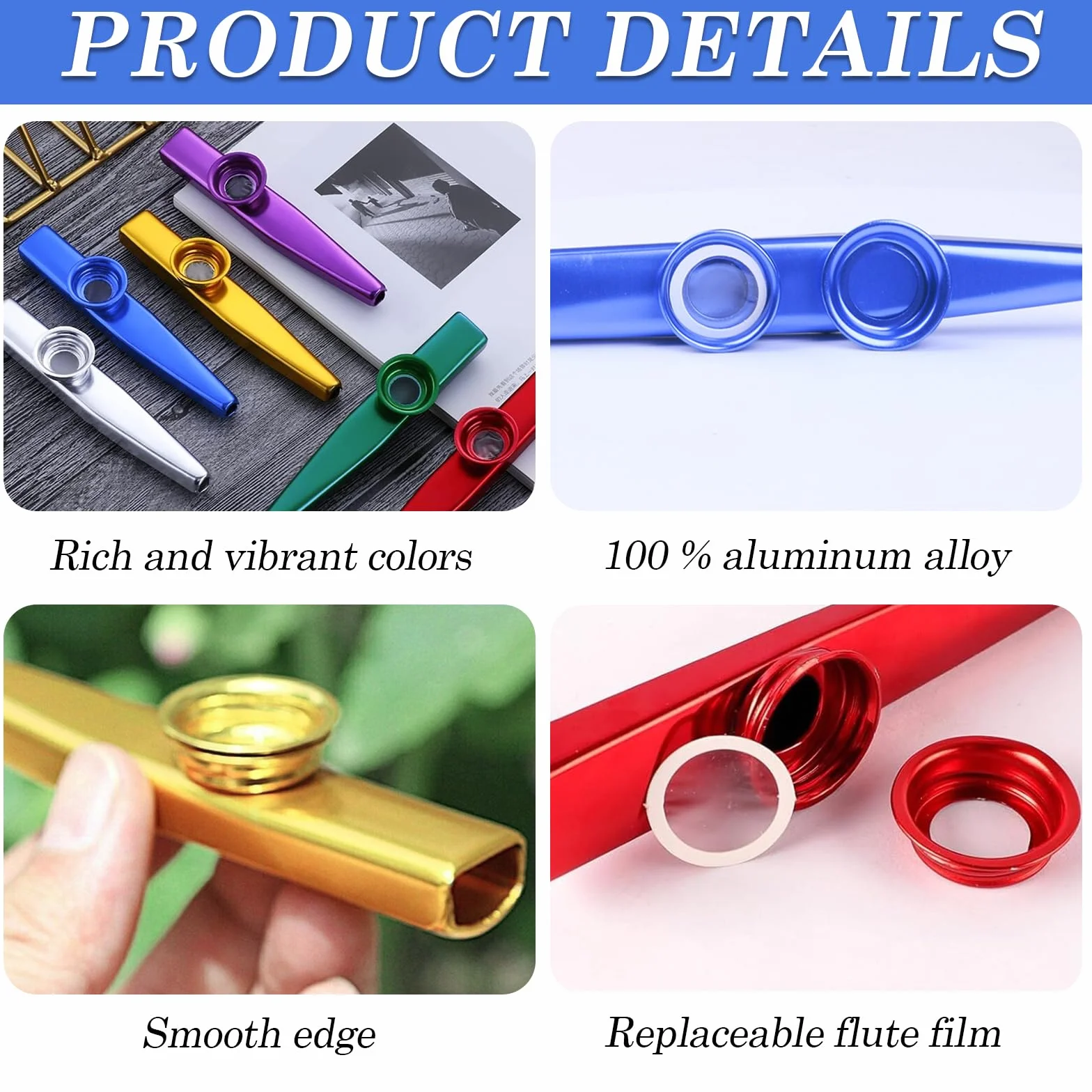 Ensemble de 18 Kazoos en plastique, Instrument de musique, Multicolore (Or, Argent, Vert, Rouge, Bleu)
