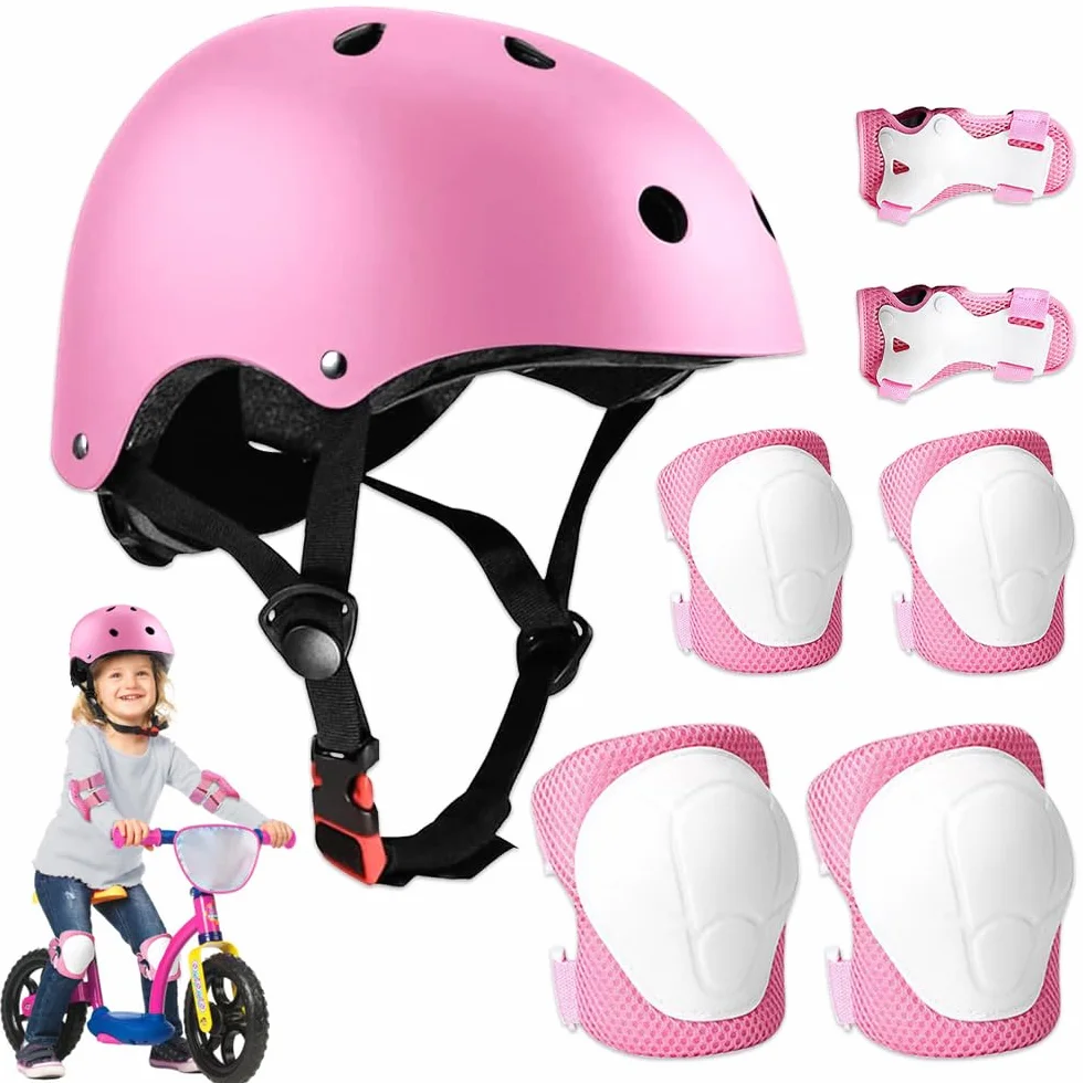 Mizikuu Protection Roller Enfant 7 en 1 Casque Vélo Kit Coudières Genouillère Protège Poignets pour 3-7 Ans Skateboard BMX Patin à Glace Rose