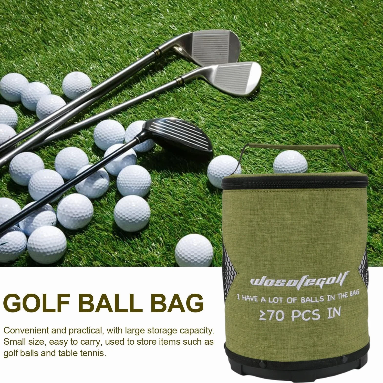 Pochette pour balle de golf cylindrique grande capacité avec fermeture éclair portable pliable léger pingpong