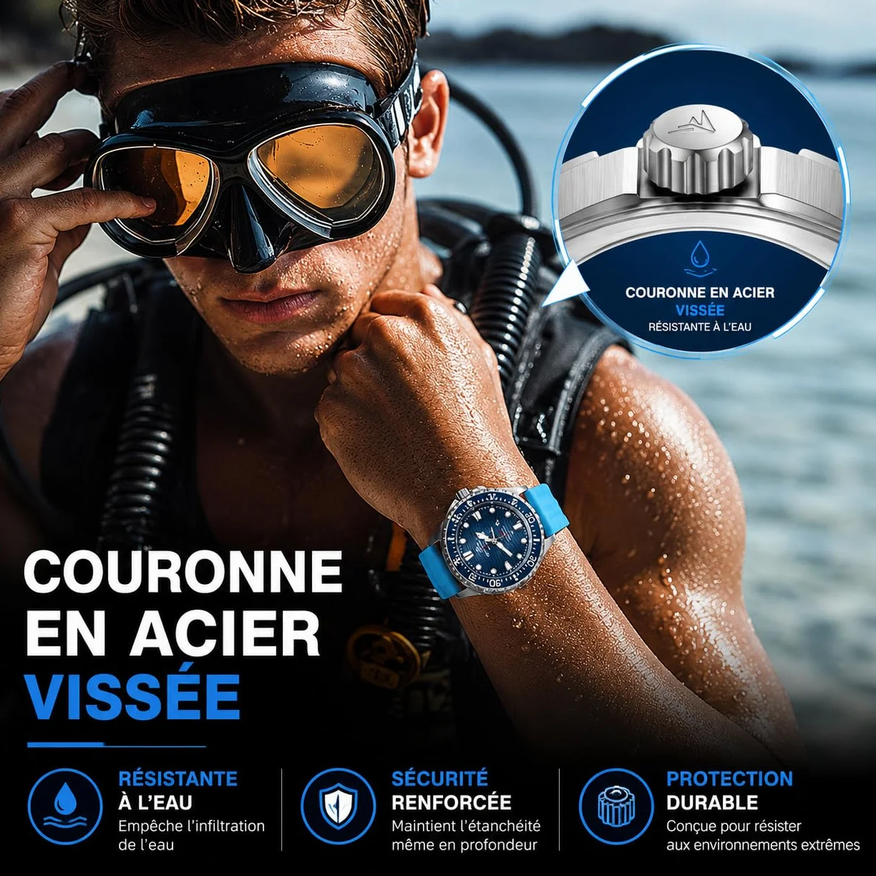 NORTH EDGE Montre de plongée à énergie solaire étanche 300 m cadran lumineux bracelet silicone