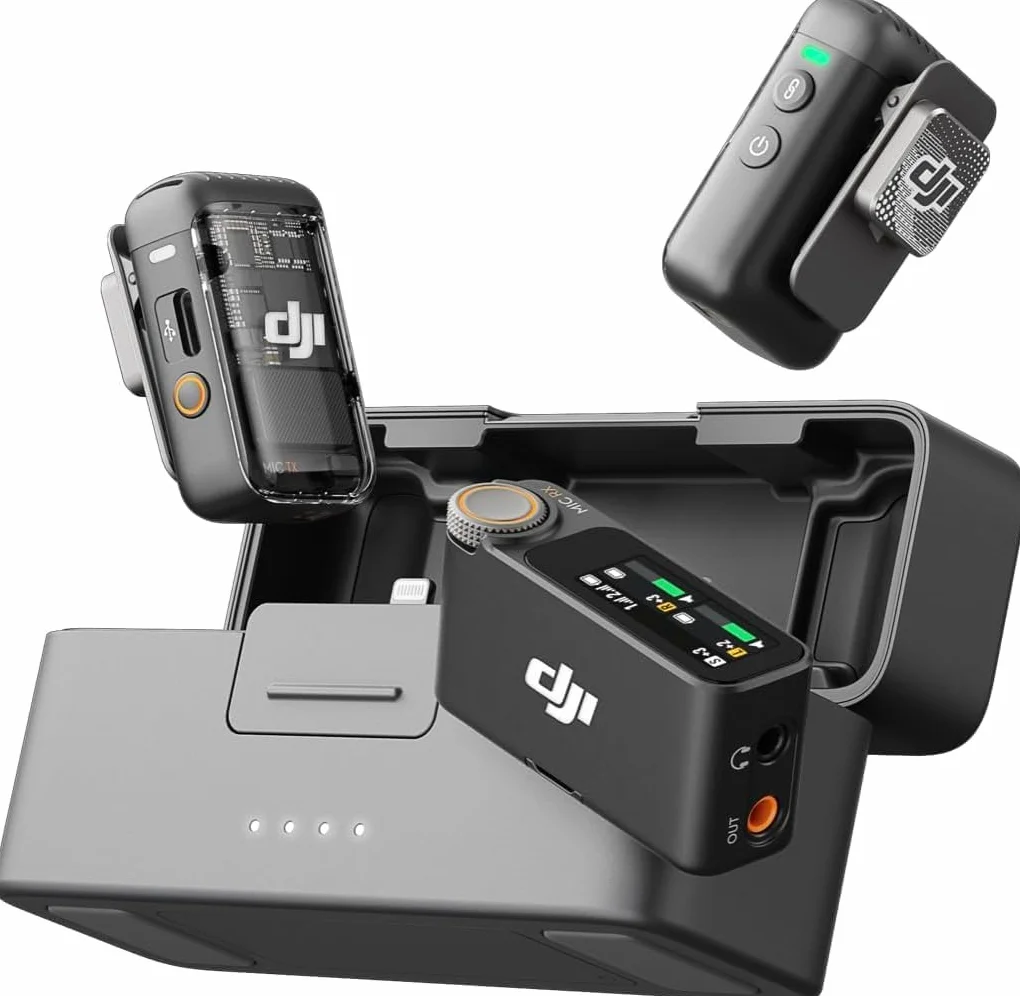 DJI Mic 2 (2 TX + 1 RX + Boîtier de Recharge) Micro sans Fil Tout-en-Un, Réduction Intel. du Bruit, Enregistrement Interne 32 Bits, Portée 250 m