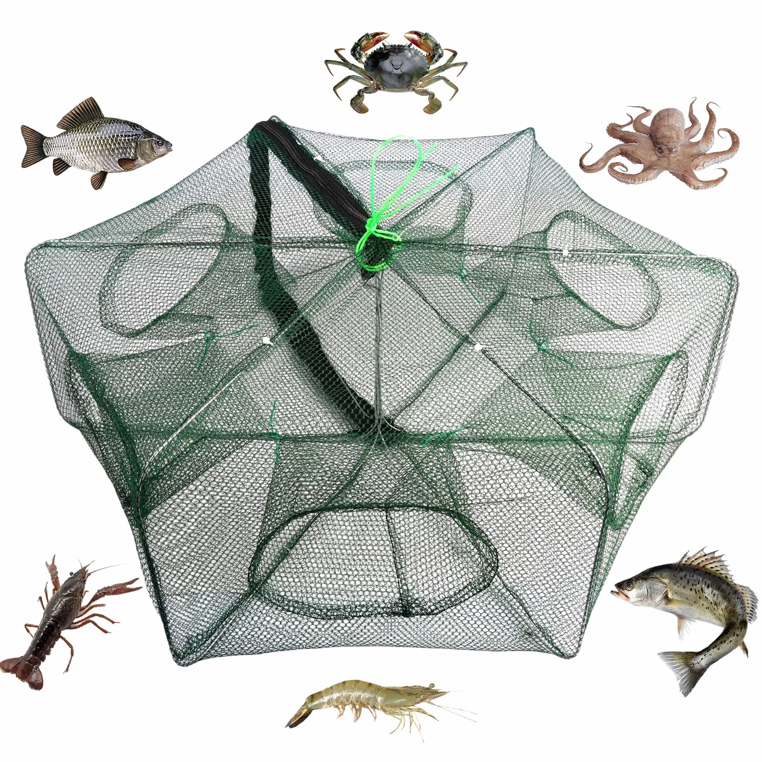 Piège à crevettes, 58 × 22 cm Poissons de crabe en nylon, filet de pêche automatique, 6 trous filet de pêche pliable en nylon, pour attraper les crabes, les homards, les crevettes et les crabes